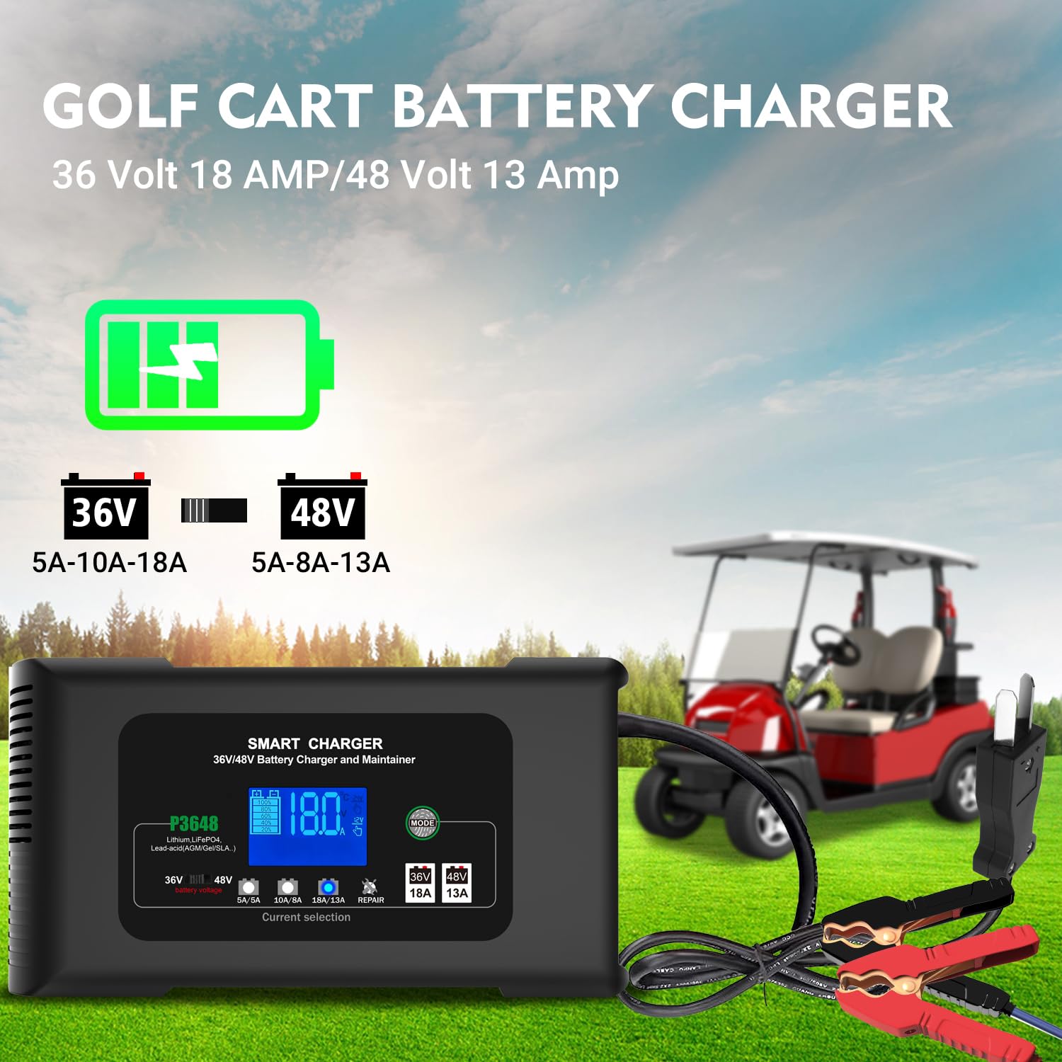 Golf cart Battery Charger, 36V 18A and 48V 13A Trickle Battery Charger,36 Volt Golf Cart Charger,for Club Car,EZGO & Yamaha,Lith