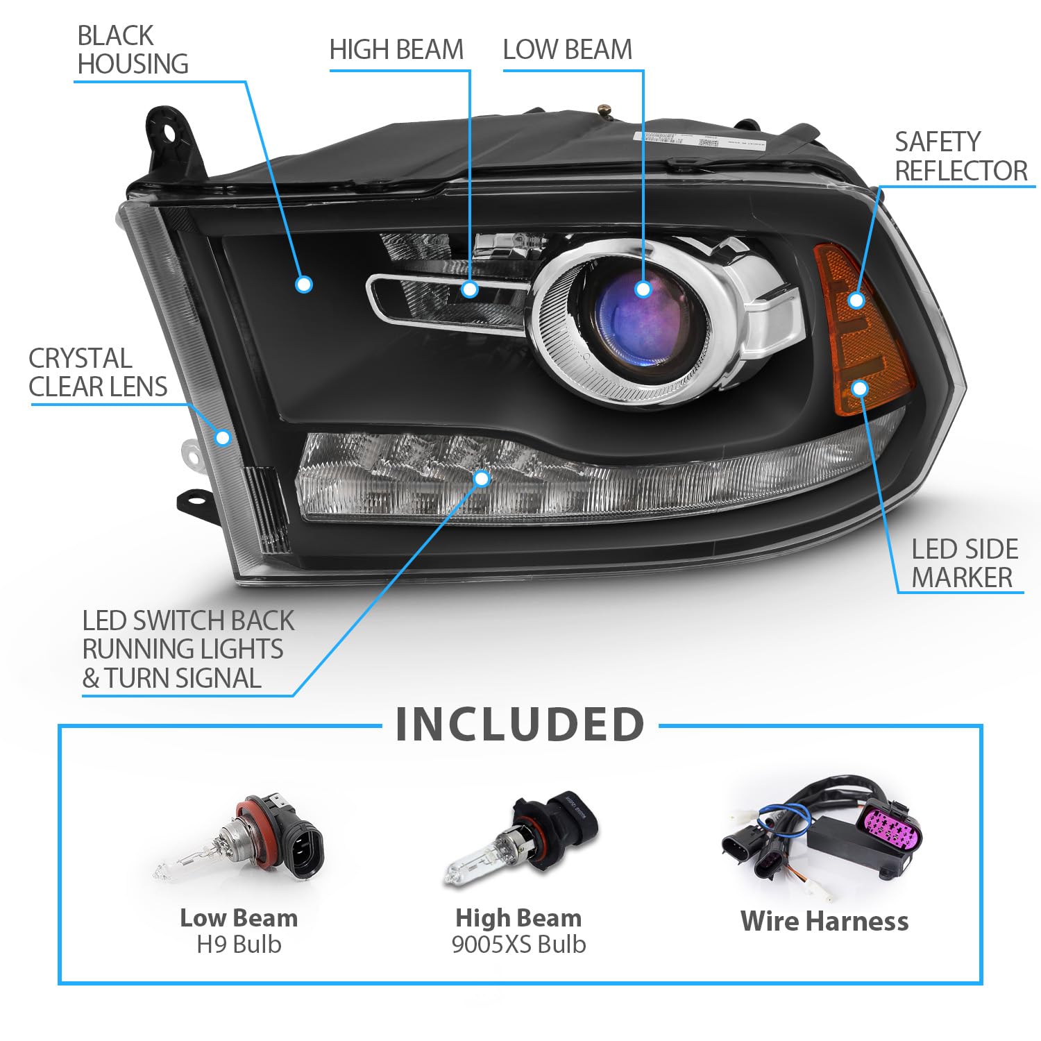 Amerilite For 2009-2018 Dodge Ram 1500 2500 3500 Dual/Projector Models Switchback Led Tube Matte Black Replacement Headlight Ass