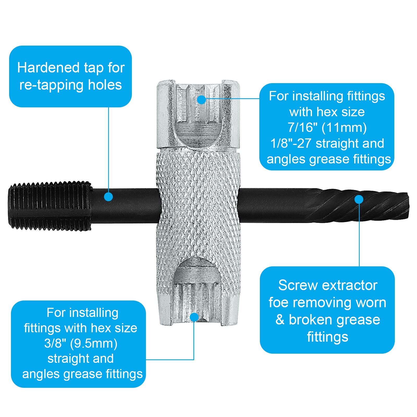 NOVINO Grease Zerk Tool,4 Way Zerk Grease Fittings Removal Tool Fit 1/4''-28 SAE,1/8''-NPT,M10x1 M8x1 and Hex Size 3/8'' 5/16''