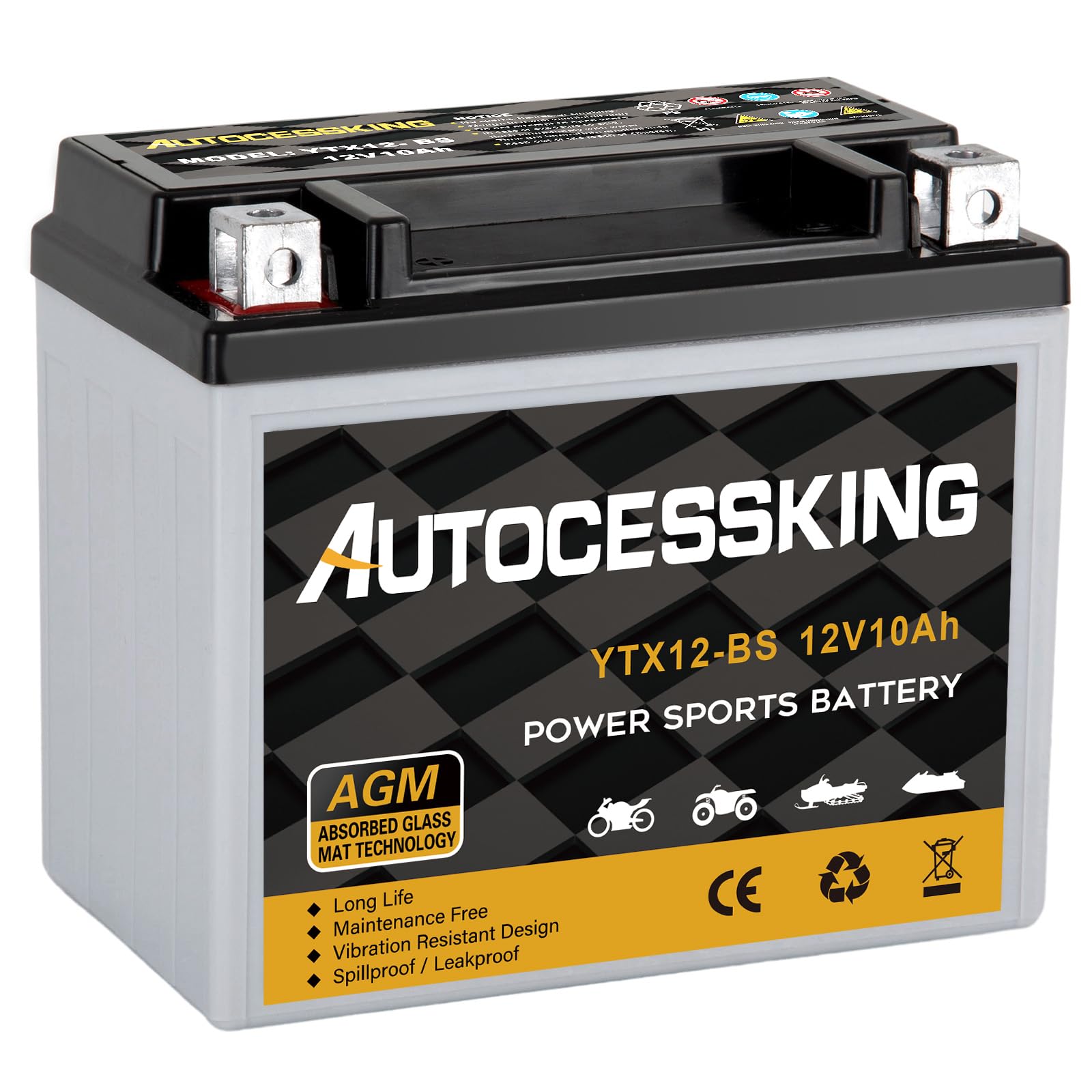 Ytx12-Bs Motorcycle Battery, 12V 10Ah Rechargeable Maintenance Free Sealed Agm Battery Powersport Replacement Battery For Atv An