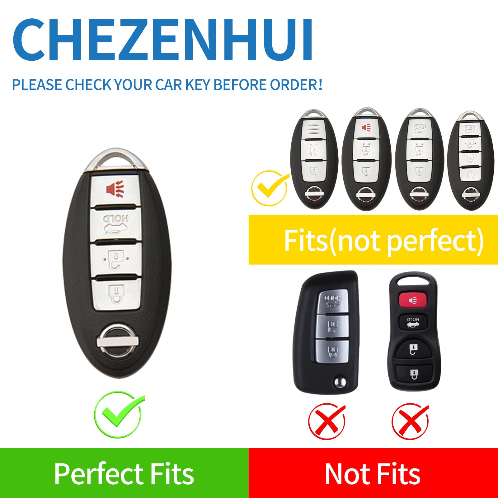 Chezenhui Compatible With Nissan Key Fob Cover With Leather Lanyard, Car Key Case Shell Protection For Nissan Altima Rogue Sentra Pathfinder Frontier Maxima Titan 4 Button Remote Smart Key,White