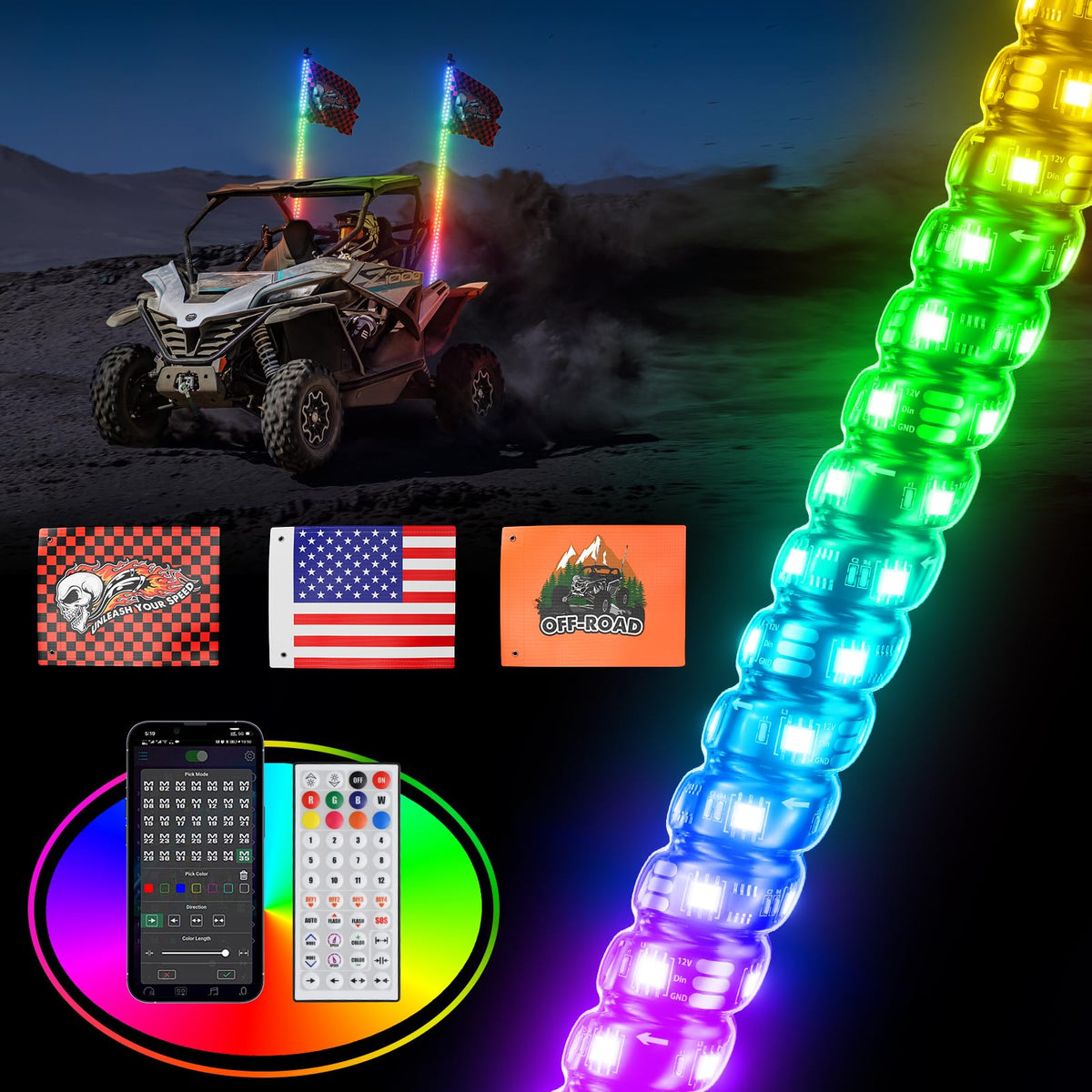 Ehaho 4FT Whip Lights for UTV ATV with Spring Base, Tripled Brighter Led Whip Light 3 Flags, Spiral Chasing Lighted Antenna Whip