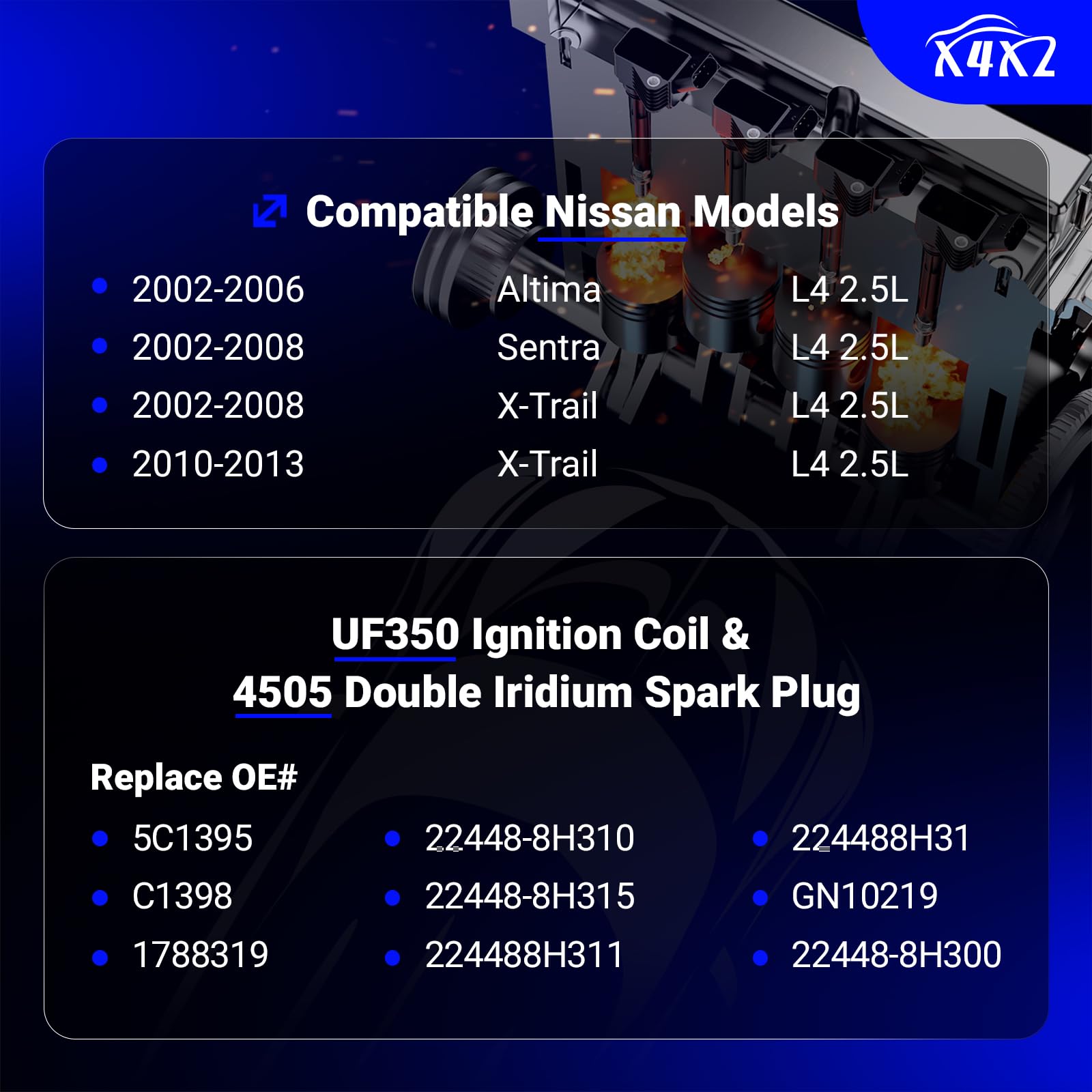 Uf350 Ignition Coil & 4505 Double Iridium Spark Plug For 2002-2006 Nissan Altima,2002-2008 Nissan Sentra,2002-2013 X-Trail 2.5L