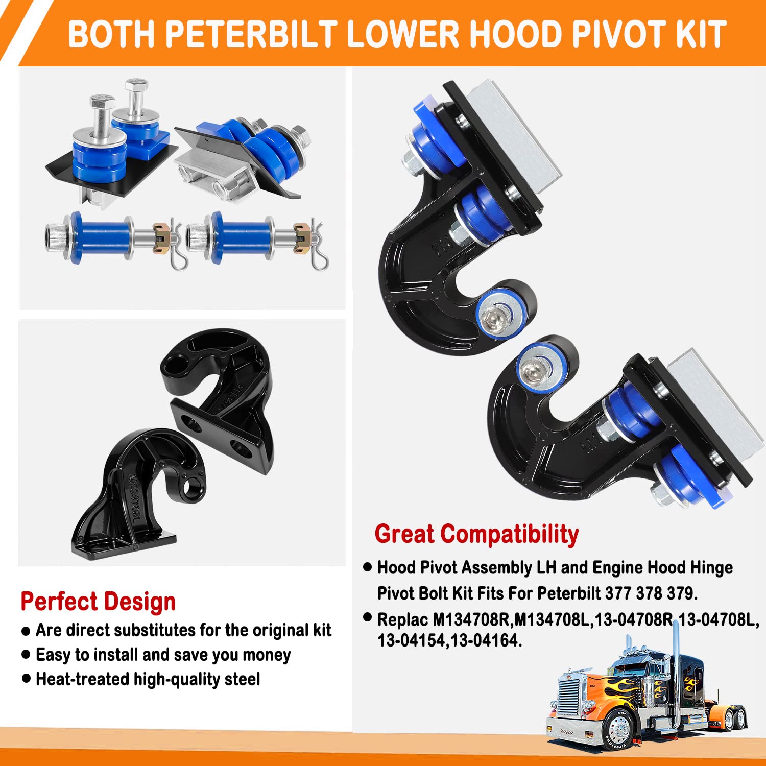 M134708R & M134708L Both For Peterbilt Lower Hood Pivot Kit And Engine Hood Hinge Pivot Bolt Kit Fits For Peterbilt 377 378 379 Replac:13-04708R 13-04708L 13-04154 13-04164