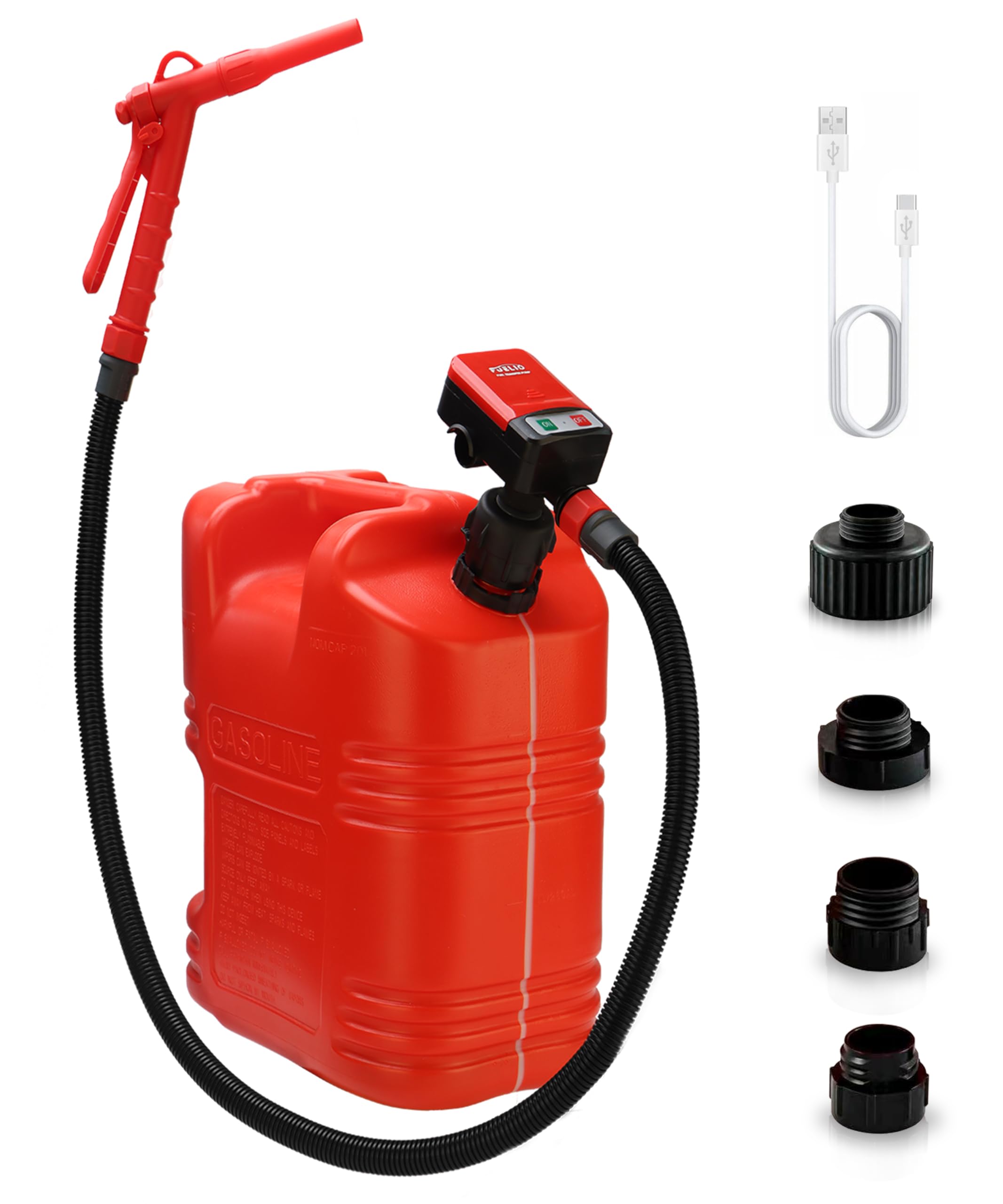 FUELIO Gas Can Pump - AA Battery Powered Fuel Transfer Pump with Auto Shut Off Nozzle, Fix Clip, Extra Long Hose, 3 Adapters, Ga