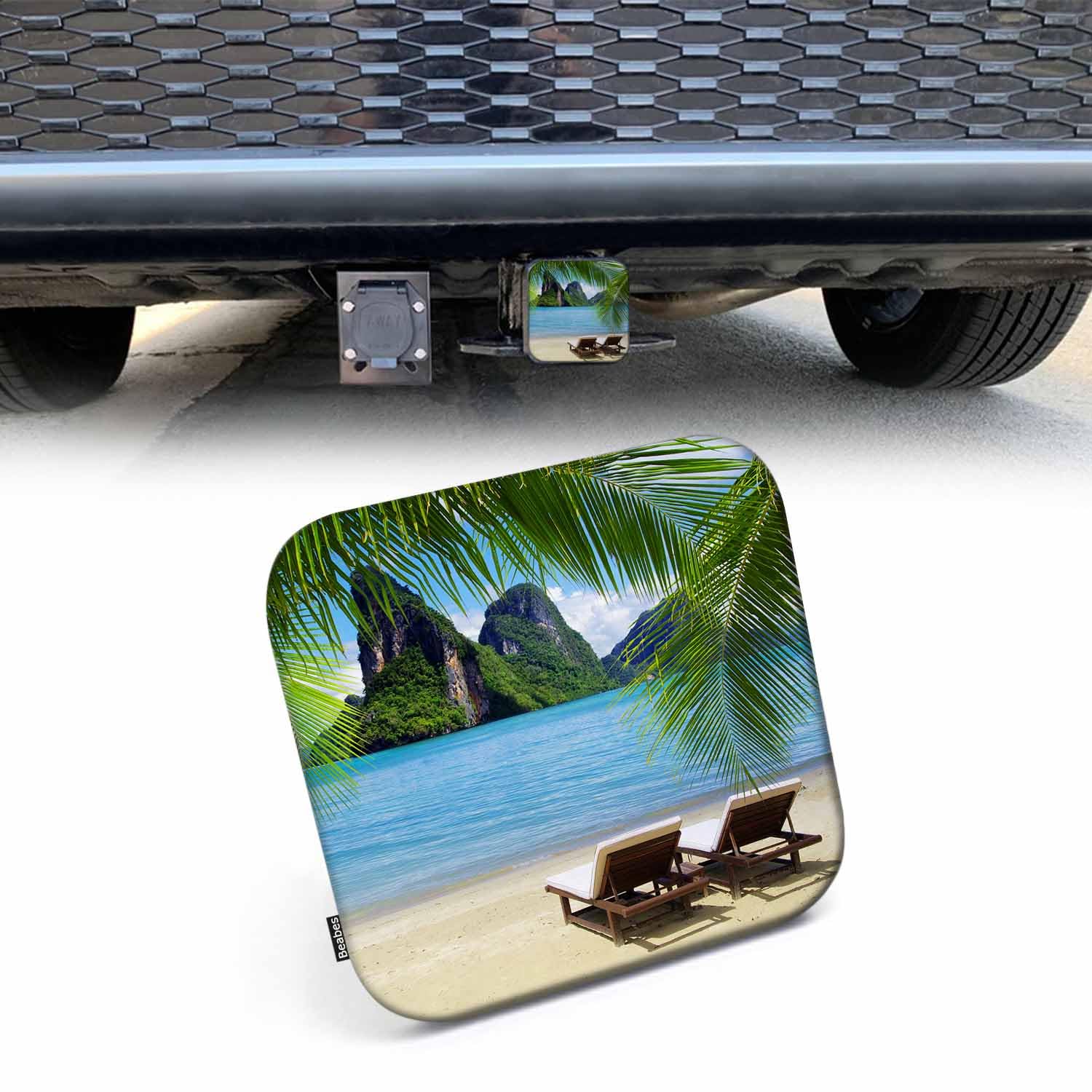 Beabes Sandy Beach Hitch Covers for Trucks Tropical Ocean Sea Chairs Mountain Rocks Palms Trailer Hitch Cover, 2 Inch Tow Receiv