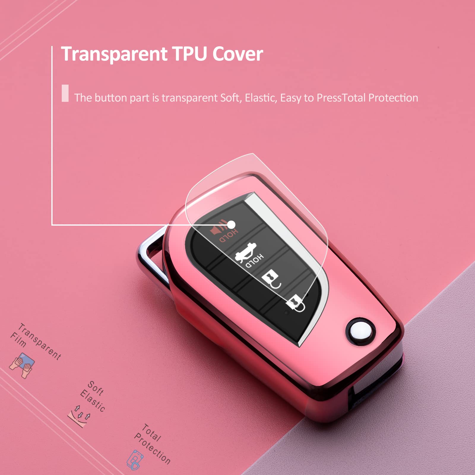 Zspdacc Compatible With Toyota Flip Key Fob Cover Pink Car Key Chain Case Holder Protector Fortuner Corolla Chr Camry Rav4 Accessories