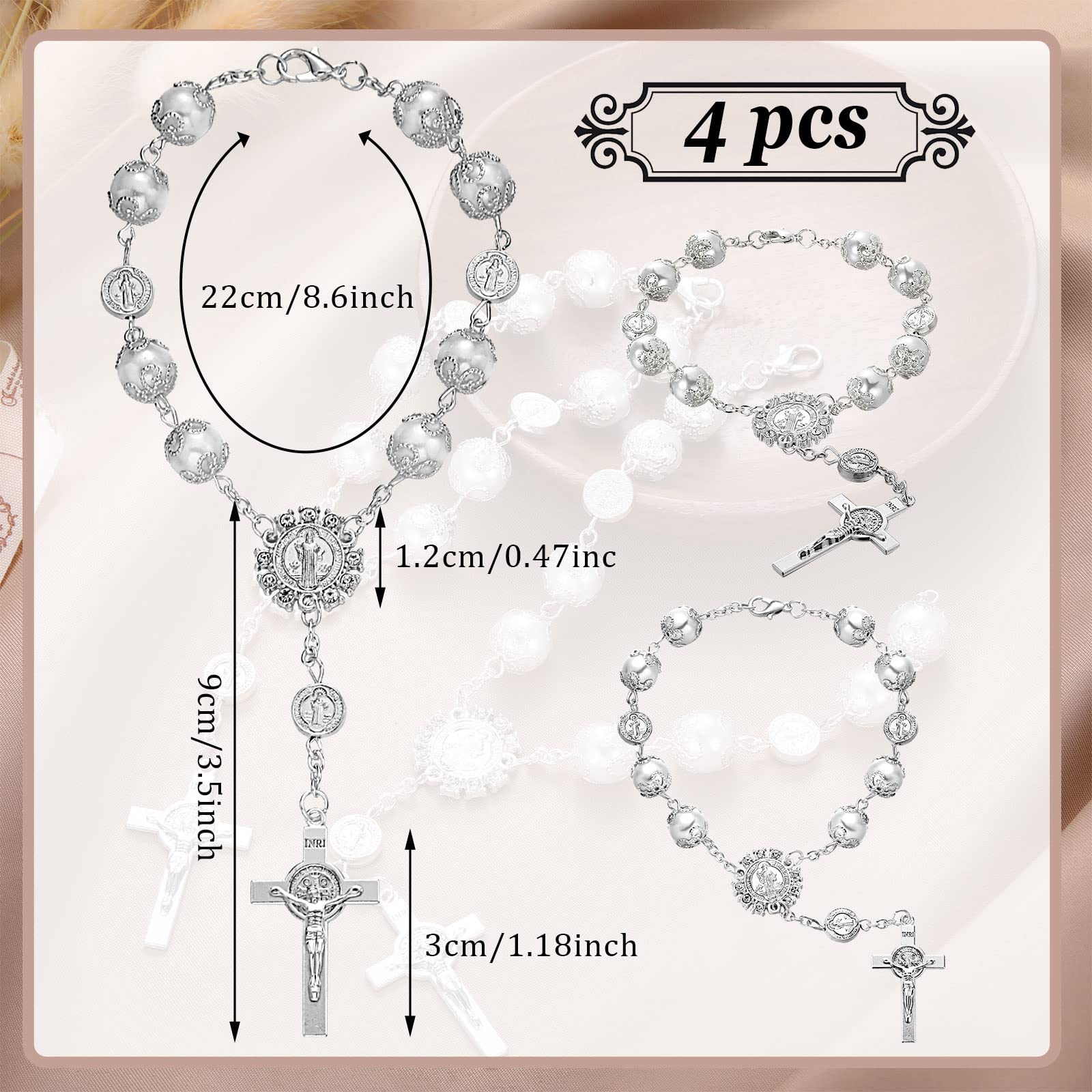 Saint Benedict Car Rosary 4 Pcs White Rearview Mirror Auto Rosary Hanging Personalized Car Cross Blessing Catholic Car Medal For Truck Bike Motorcycle Car Mirror Hanging Accessories Decors