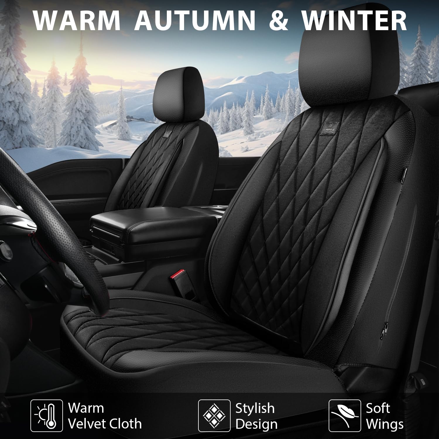 Car Pass Luxury Warm Velvet Leather Car Seat Covers Front Seats, Breathable Soft Premium Faux Leather Front Seat Covers, Armrest