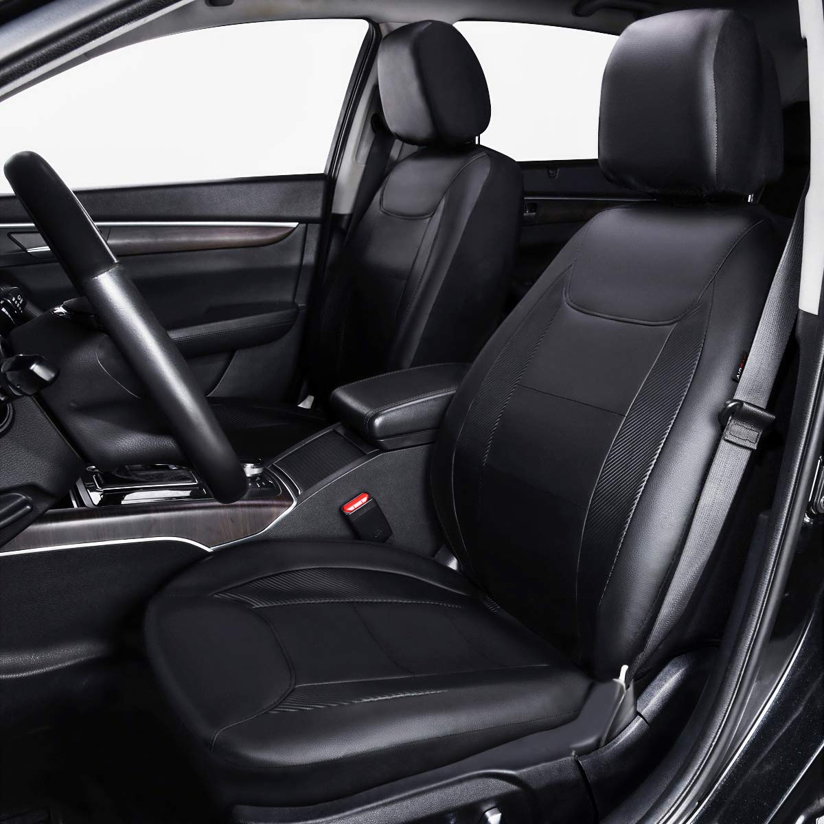 Flying Banner Car Seat Covers Protects Water Proof Faux Leather Carbon Fiber Front And Rear Bench (Black Black, Full Set - 9Pcs)