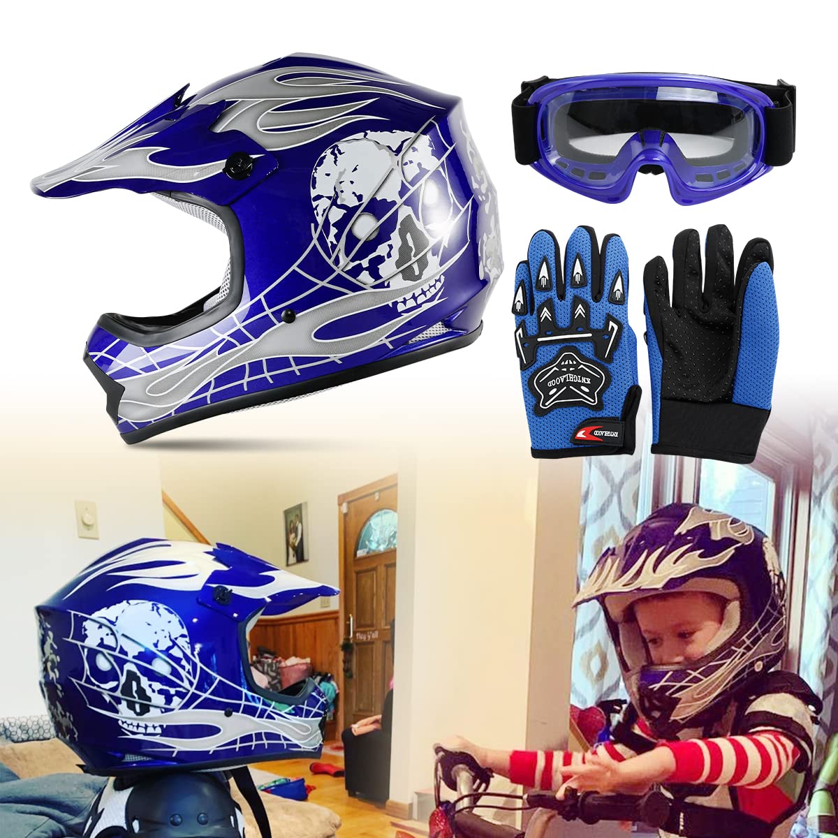 Slmoto Dot Youth Kids Helmet Motocross Offroad Street Helmet Motorcycle Helmet Dirt Bike Motocross Atv Blue Skull Design Helmet+Goggles+Gloves Small