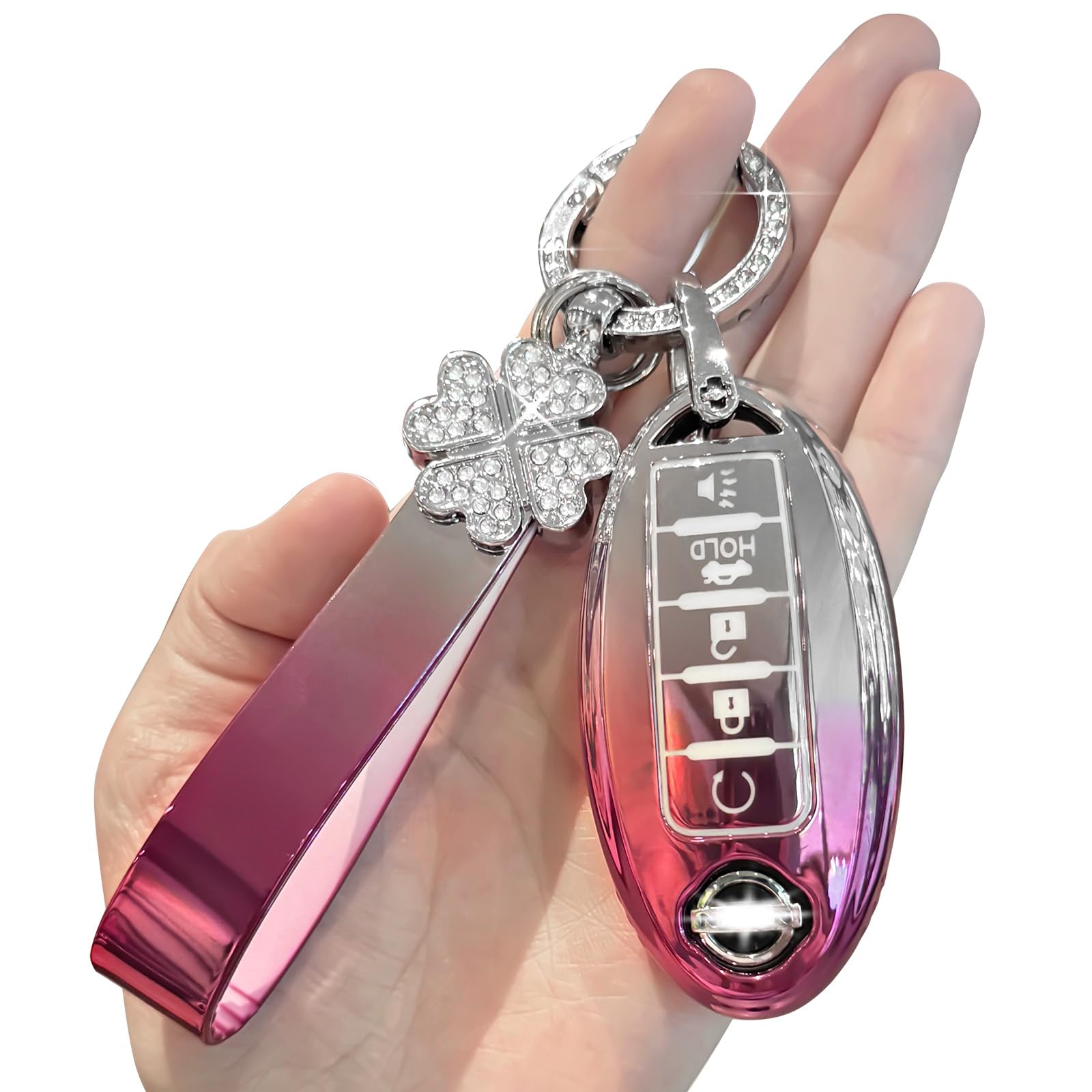 Pifoog Key Fob Cover For Nissan 5 Button Pink Girly Car Keys Case Shell Bling Keychain Full Covers Protector Accessories For Alt