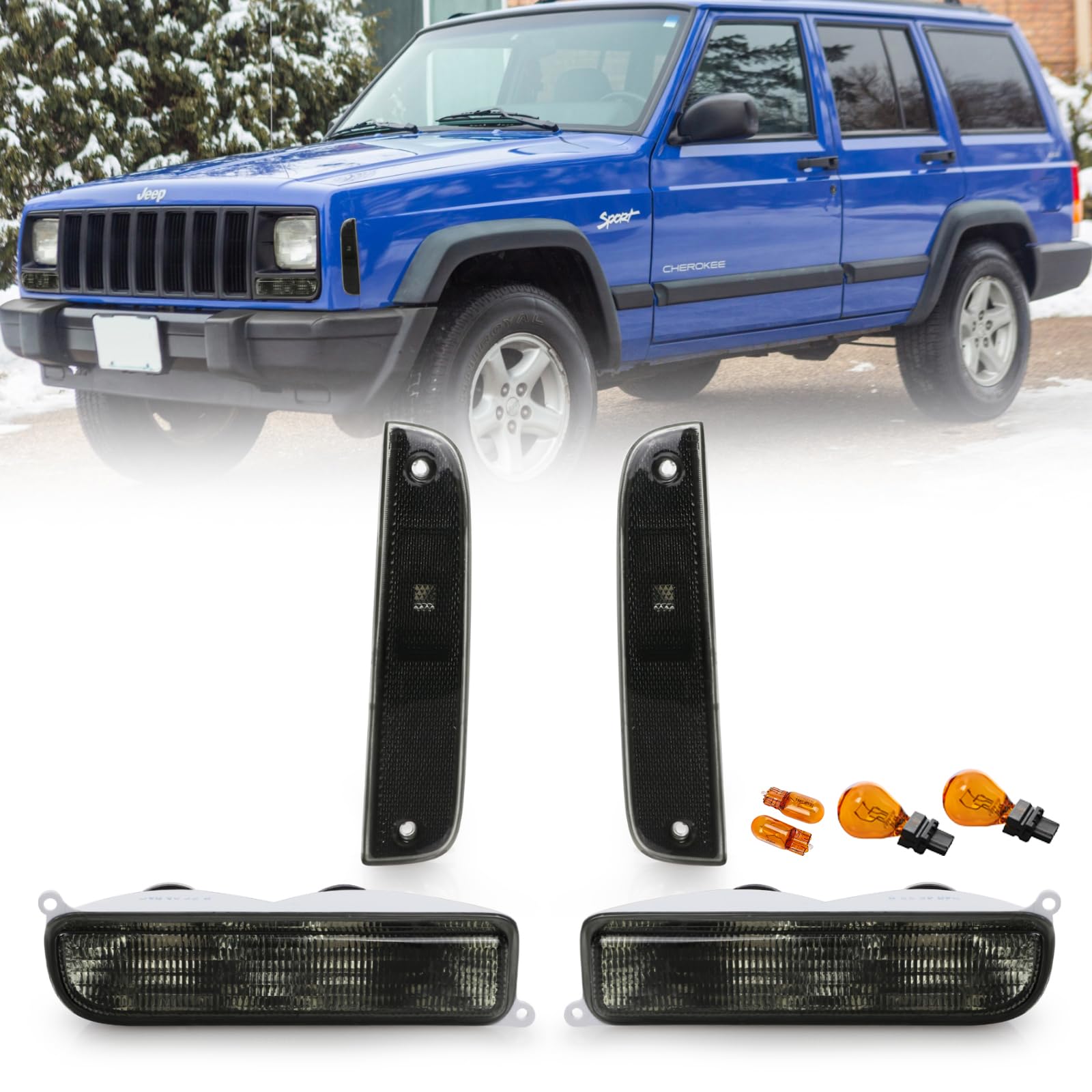 Usr 97-01 Xj Signal Lights - Combo Smoke Bumper Turn Signal + Corner Side Marker Lamps Set + X4 Bulbs Included (Left + Right) Co
