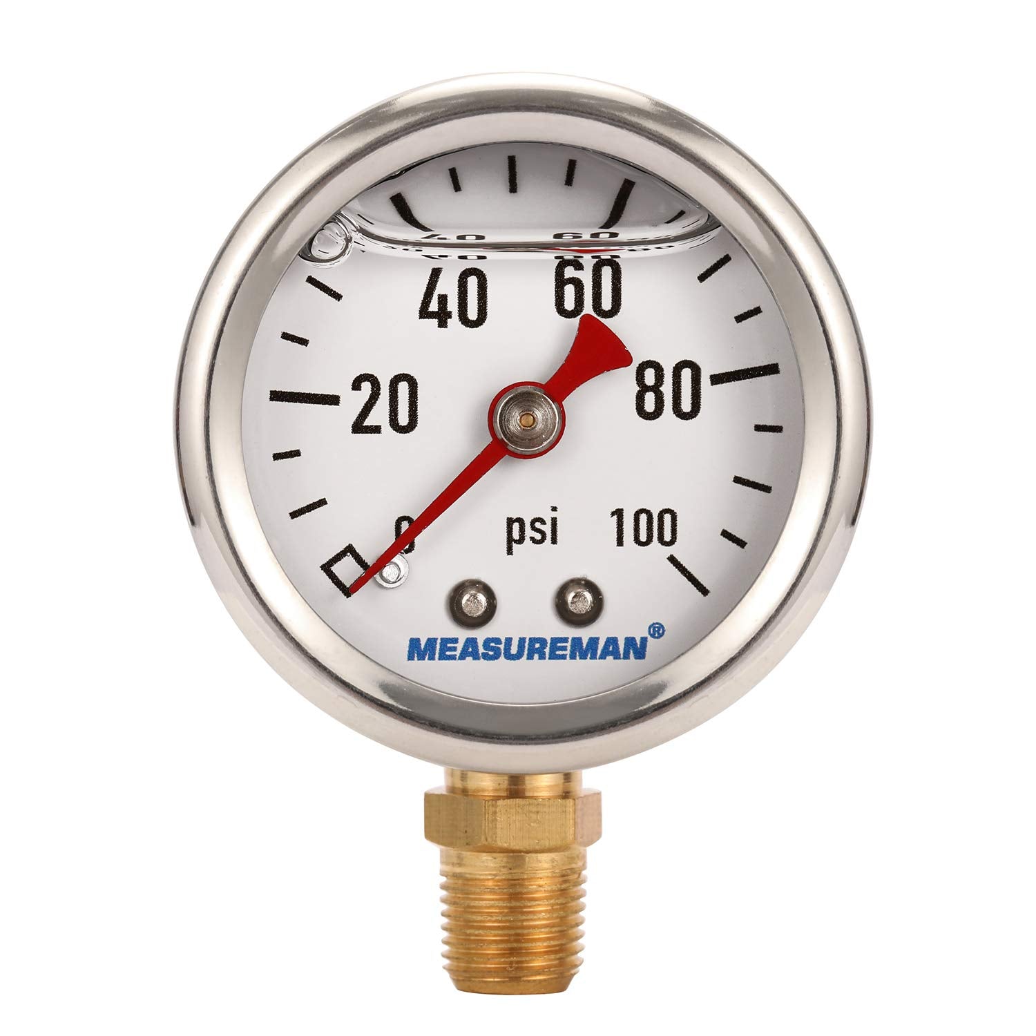 Measureman 1-1/2'' Dial Size, 304 Stainless Steel Case, Liquid Filled Fuel Pressure Gauge, 0-100Psi, +/-3-2-3%, 1/8'' Npt Center