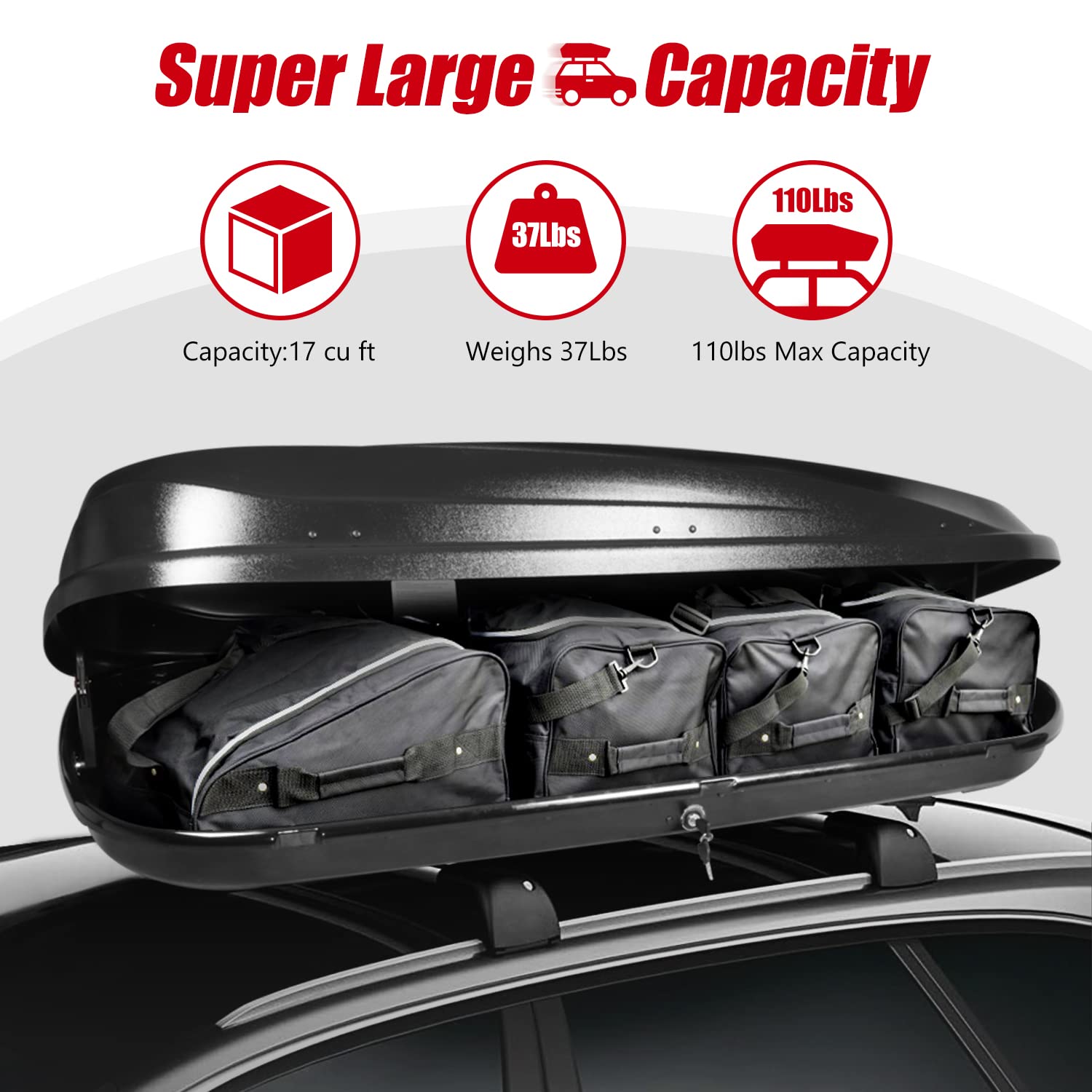 DNA MOTORING Extra Long XXL Rooftop Cargo Carrier Box Lockable Heavy Duty Car Top Storage Case w/Lock+Keys, 110Lb Capacity, 17 C
