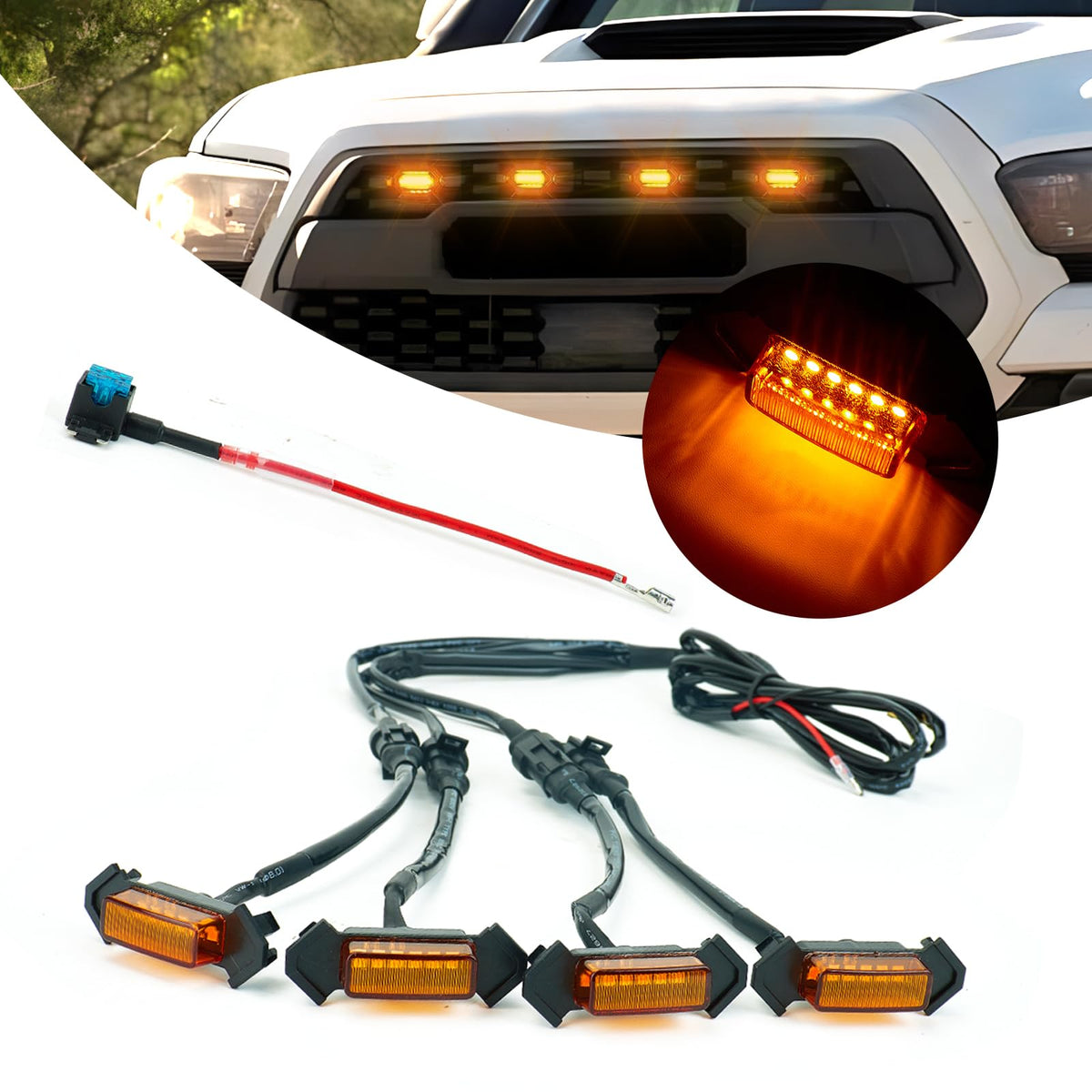 4PCS LED Grill Light with Fuse Adaptor & Wire Harness for Toyota Tacoma 2016-2019 TRD PRO OEM Front Bumper