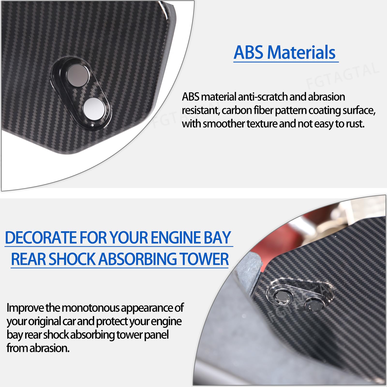 Rear Strut Tower Cover Compatible With Chevrolet Corvette C8 Stingray 2020-2024, Abs Engine Bay Rear Shock Absorbing Tower Protection Panel Cover Trim Accessories, 2Pcs (Carbon Fiber Pattern Black)