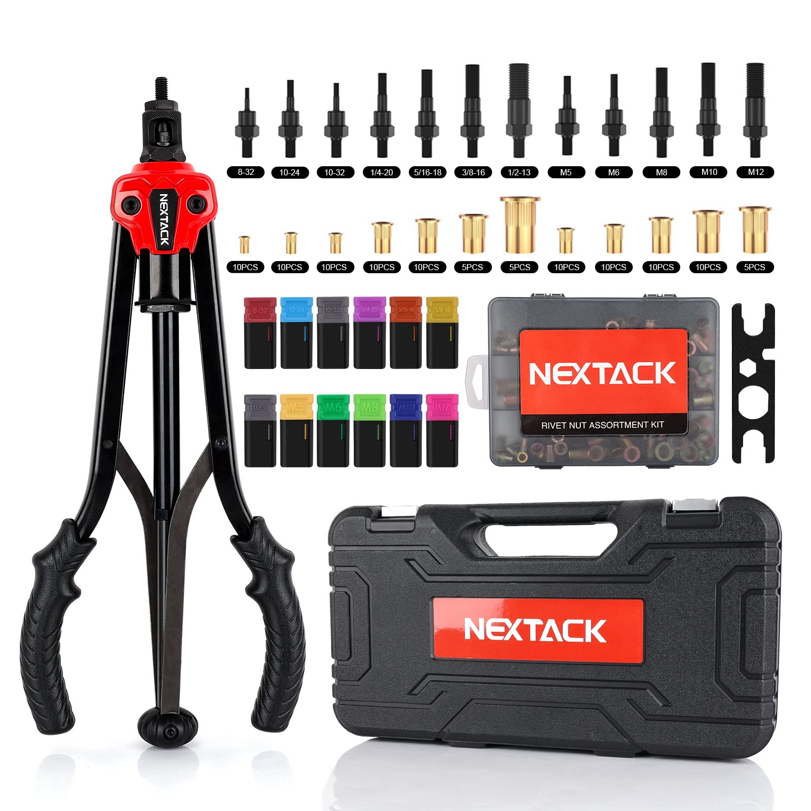 Nextack Heavy Duty Rivet Nut Tool Kit, 16'' Auto Release Nut Rivnut Tool With 12 Sae & Metric Mandrels & 105 Nurserts, Threaded