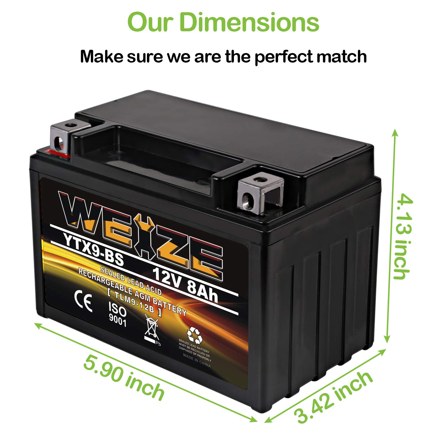 Weize Ytx9-Bs Maintenance Free Lead-Acid Battery For Motorcycle, Atv, Honda, Polaris, Suzuki