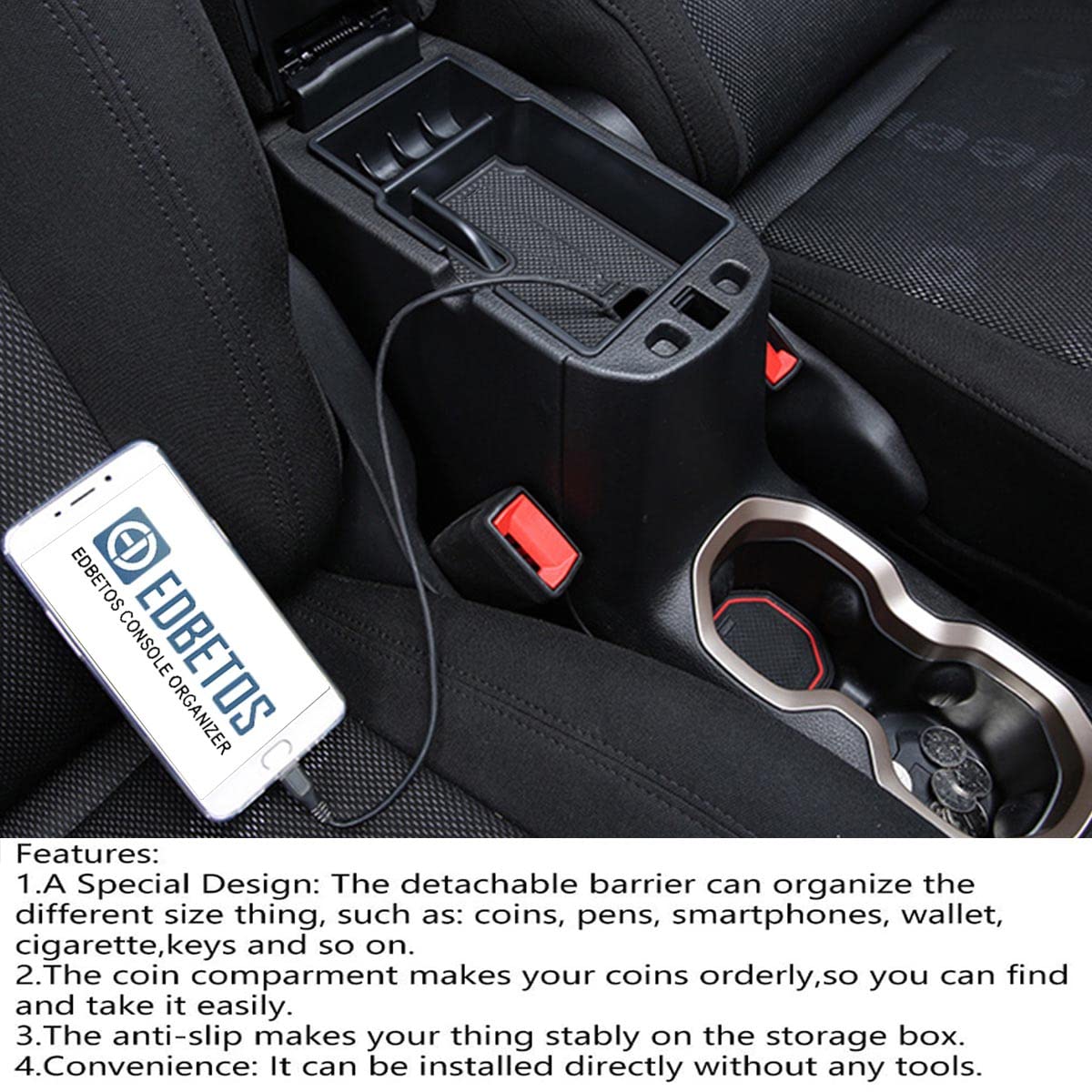 Edbetos Center Console Organizer Tray Compatible With Jeep Renegade Accessories 2015-2019 2020 2021 2022 Armrest Glove Box Secondary Storage (Orange Trim)