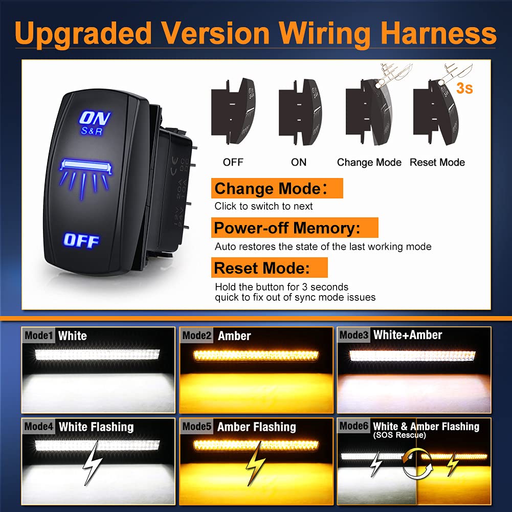 Naoevo 16Awg 160W Wiring Harness, Customized For Naoevo 6 Modes Light Bar, 8 Pin 12V 40A Relay On-Off Rocker Switch For Change Modes-2 Leads 12Ft