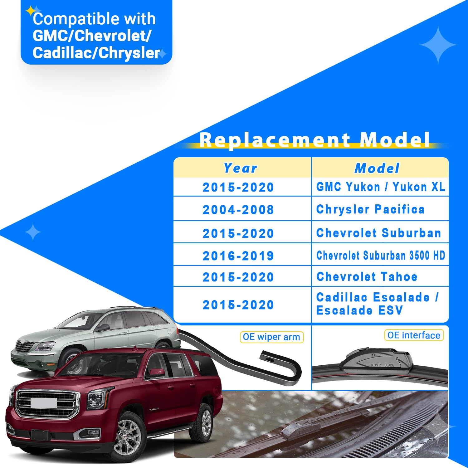 Raintok Windshield Wiper Blades Replacement For 2004-2008 Chrysler Pacifica / 2015-2020 Gmc Yukon Chevrolet Suburban Tahoe Cadil