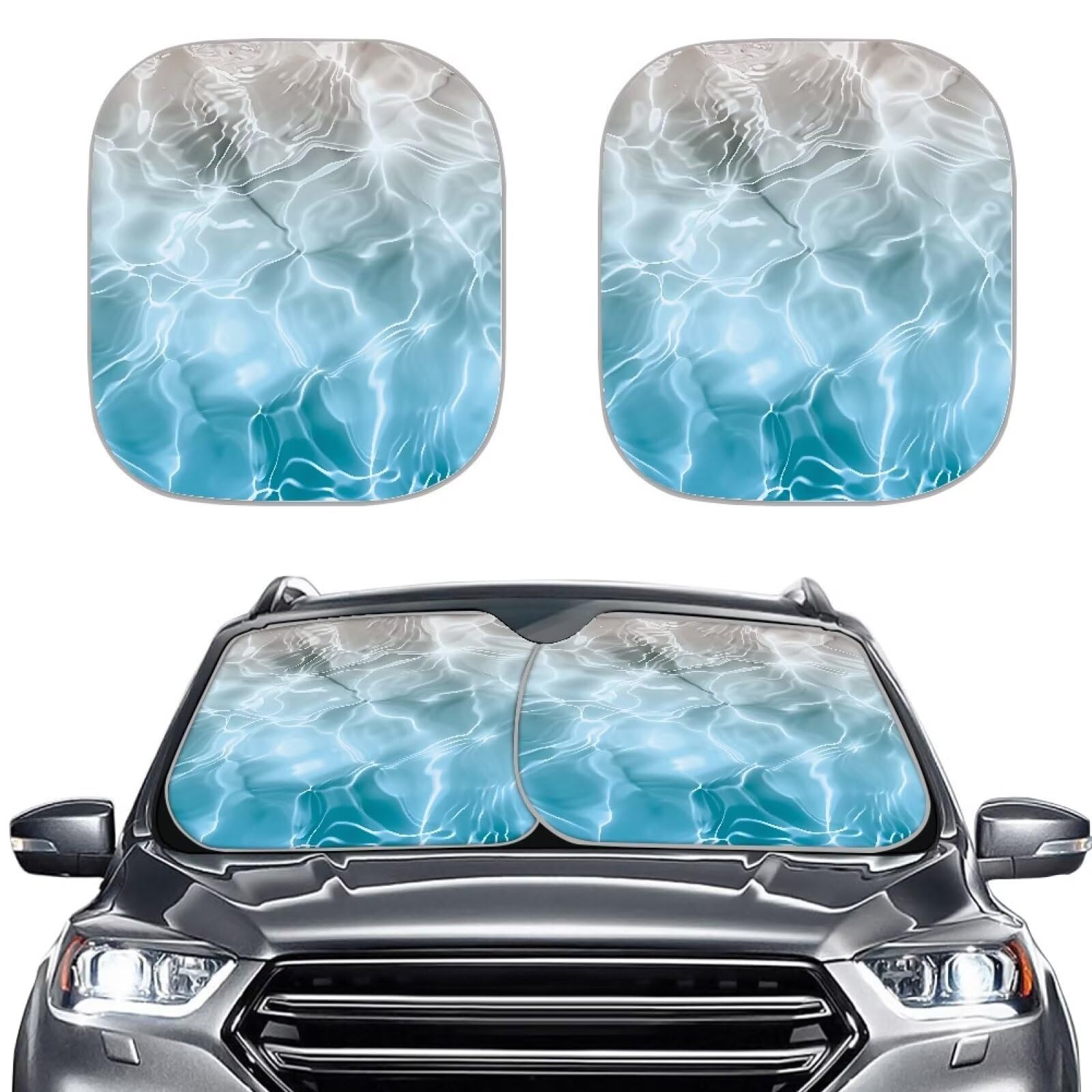 Huisefor Blue Ocean Car Windshield Sunshades For Front Window Water Wave Window Sun Shades Foldable 2-Piece Car Sun Shades Block