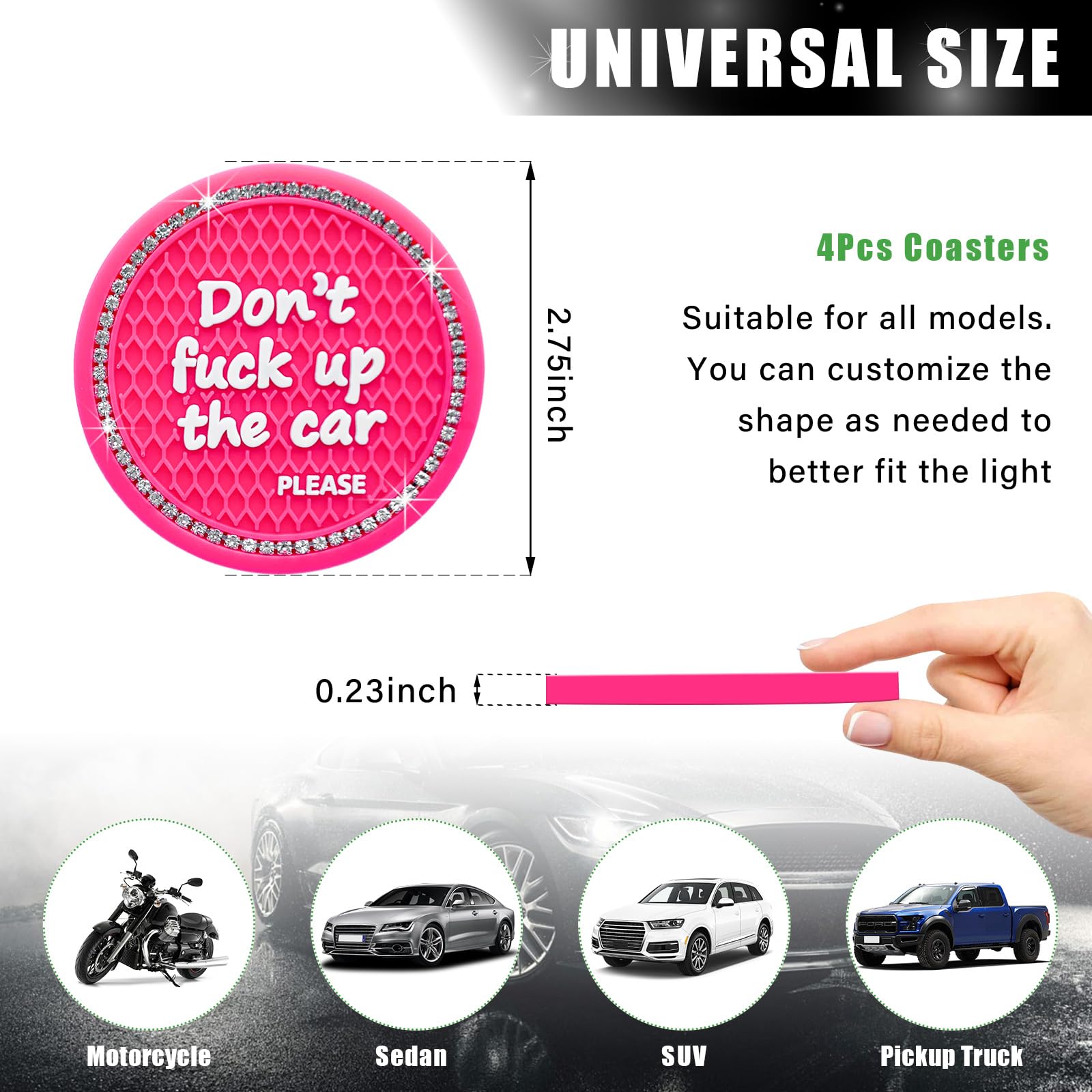 Ziciner 4 Pack Bling Car Cup Holder Coaster, 2.75 Inch Anti-Slip Auto Insert Cup Coaster, Crystal Car Drink Cup Mat Perfect For