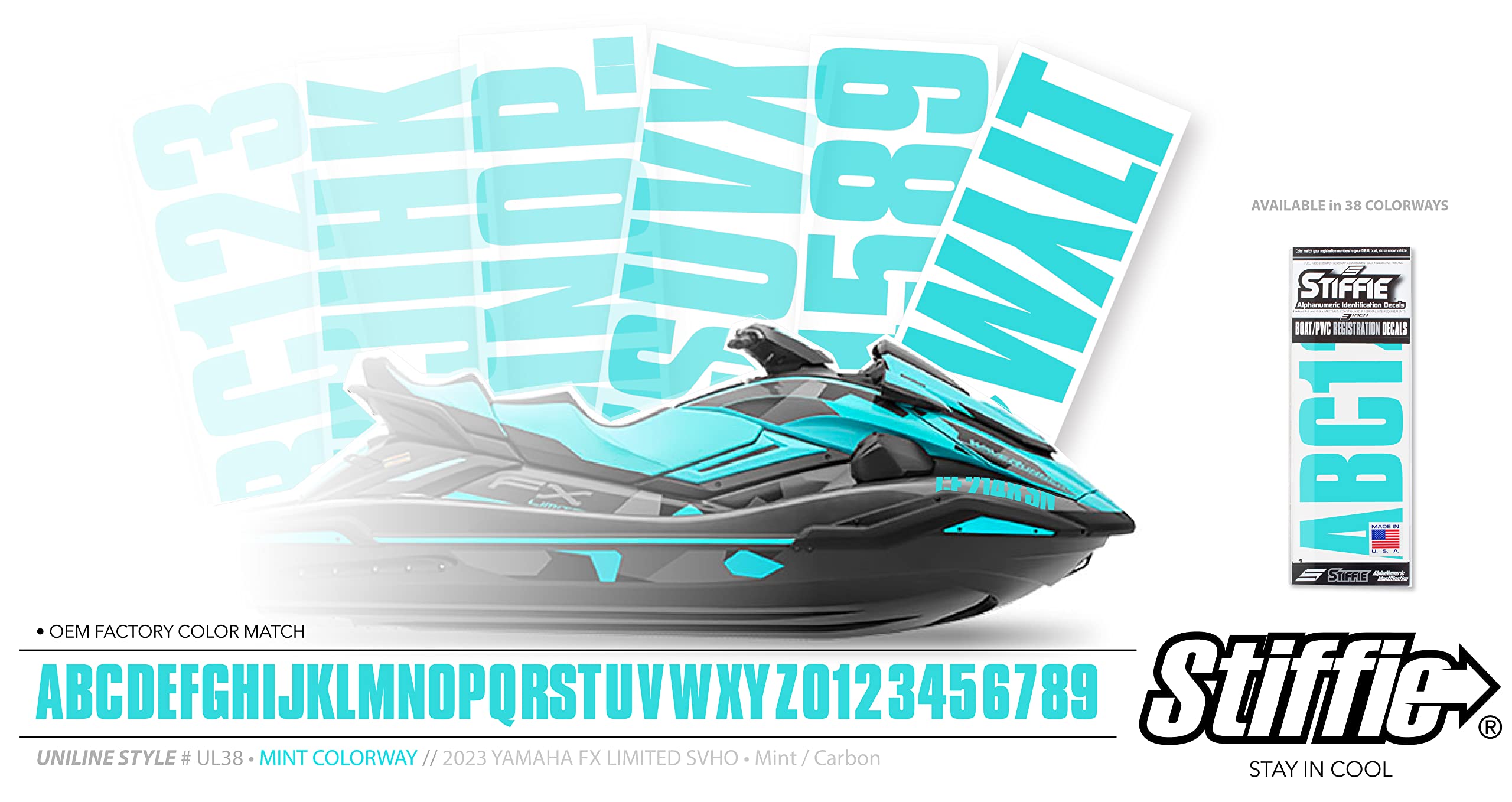 Stiffie Uniline Mint 3'' Boat & Pwc Registration Decals  Numbers Letters Stickers