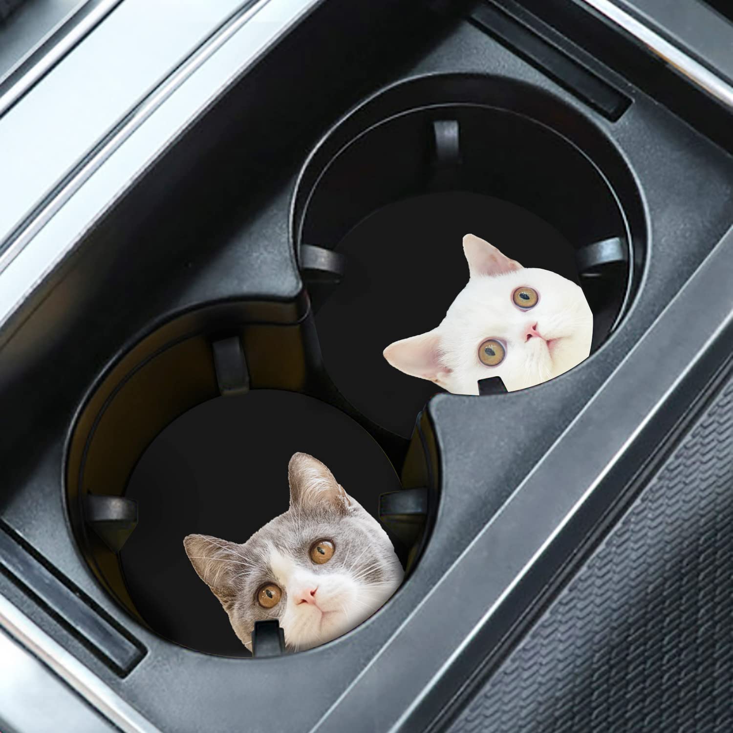 Cute Cat Funny Cat Car Coasters, 2Pcs 2.75'' Car Cup Holder Coasters Silicone Car Cup Holder Insert Coasters For Women Car Inter