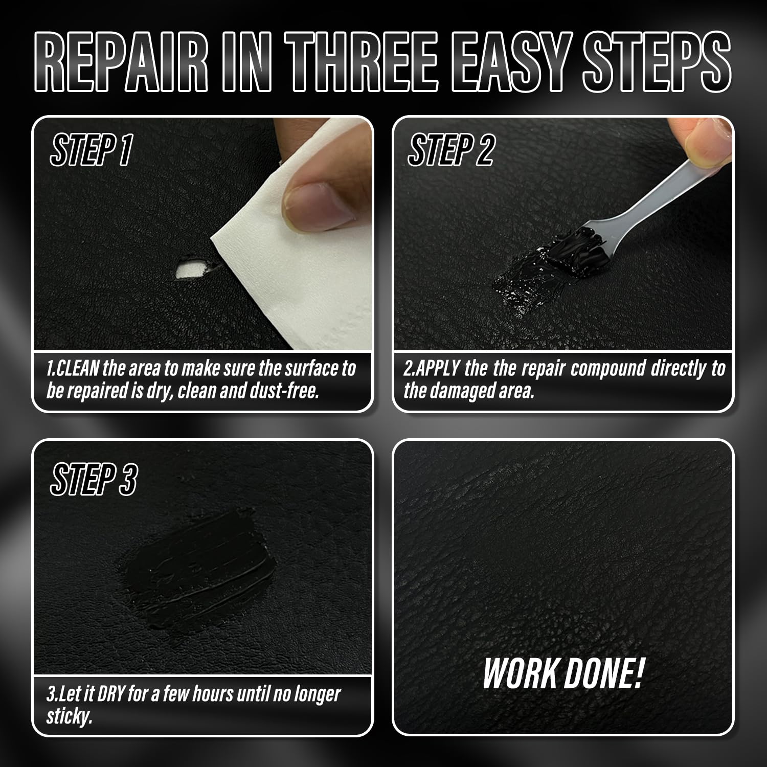 Arcssai Black Leather Repair Kit For Furniture, Gray & Black Car Interior, Car Seats, Sofa, Jacket And Purse, Vinyl Repair Kit F