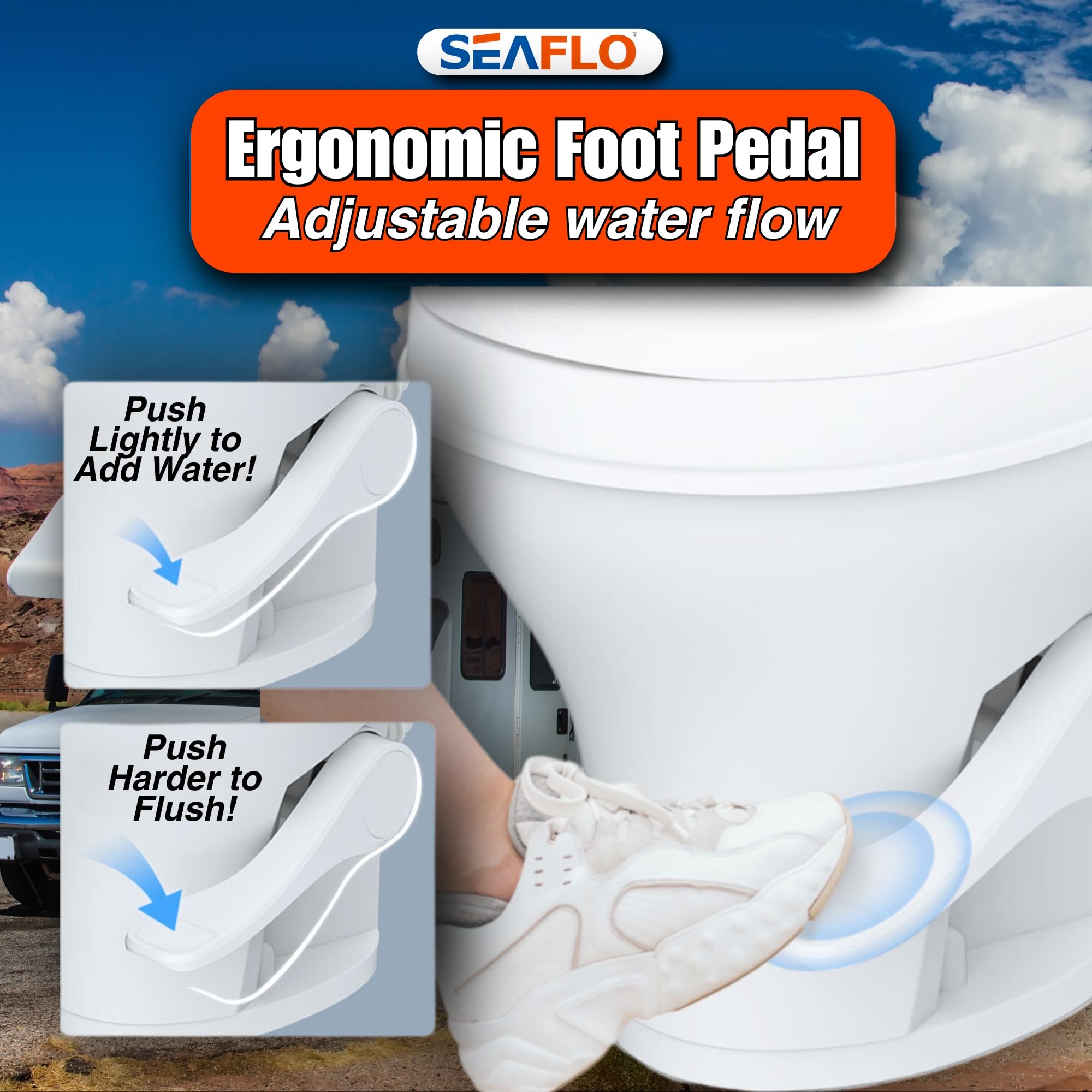 Seaflo Rv Toilet - Standard Height, Gravity Flush, Foot Pedal, Soft Close Lid With Sprayer Attachment