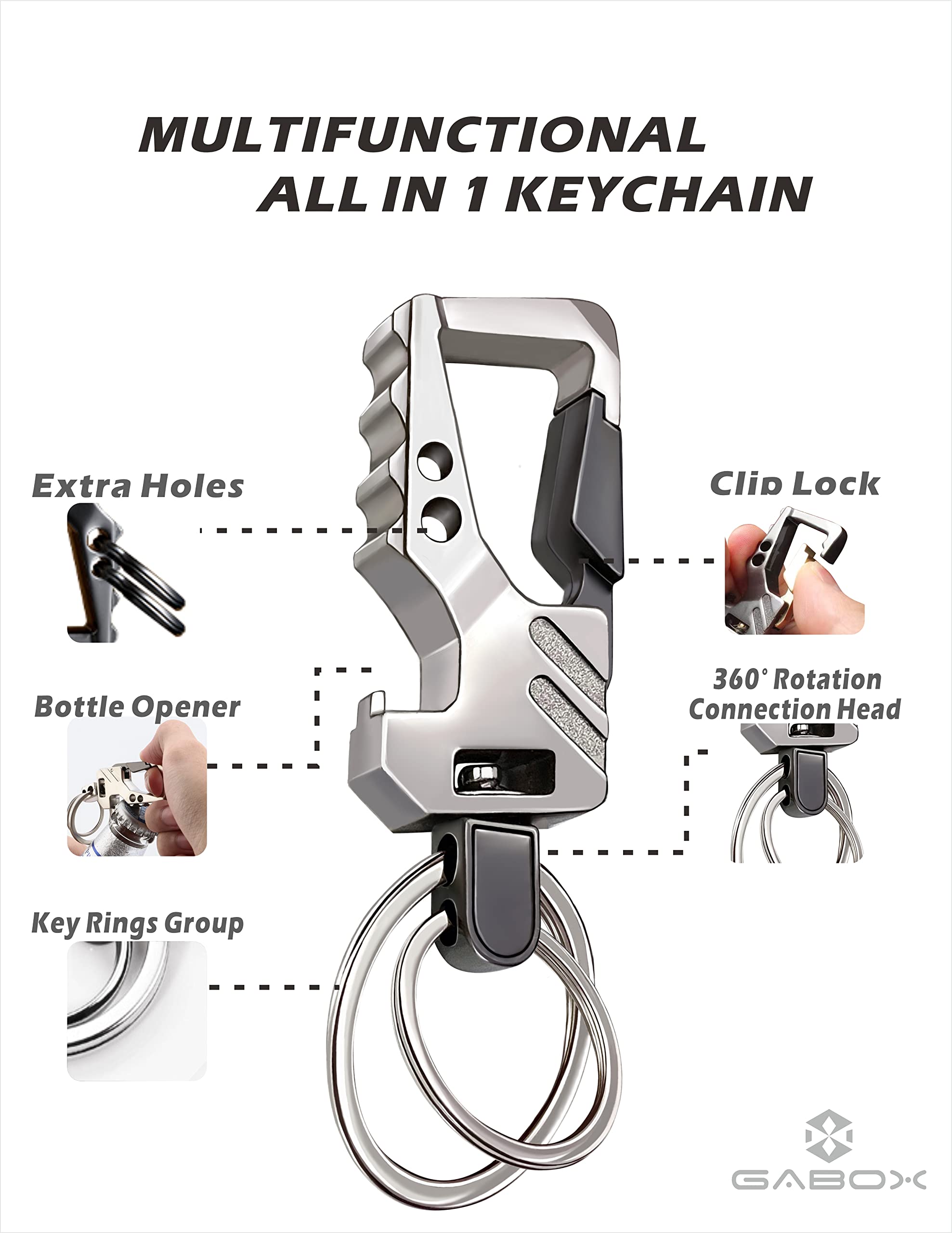 Gabox 2Pcs Key Chains Edc Key Rings Bottle Opener Keychain Car Keys Tactical Carabiner Keychain With Clip Llaveros De Hombre For Men And Women - Heavy Duty, Silver Color
