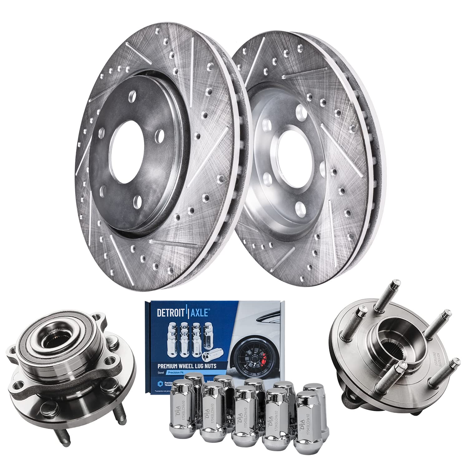 Detroit Axle - Front Drilled & Slotted Brake Rotors Wheel Hubs + 10pc Wheel Lug Nuts Replacement for Ford Taurus Flex Lincoln MK