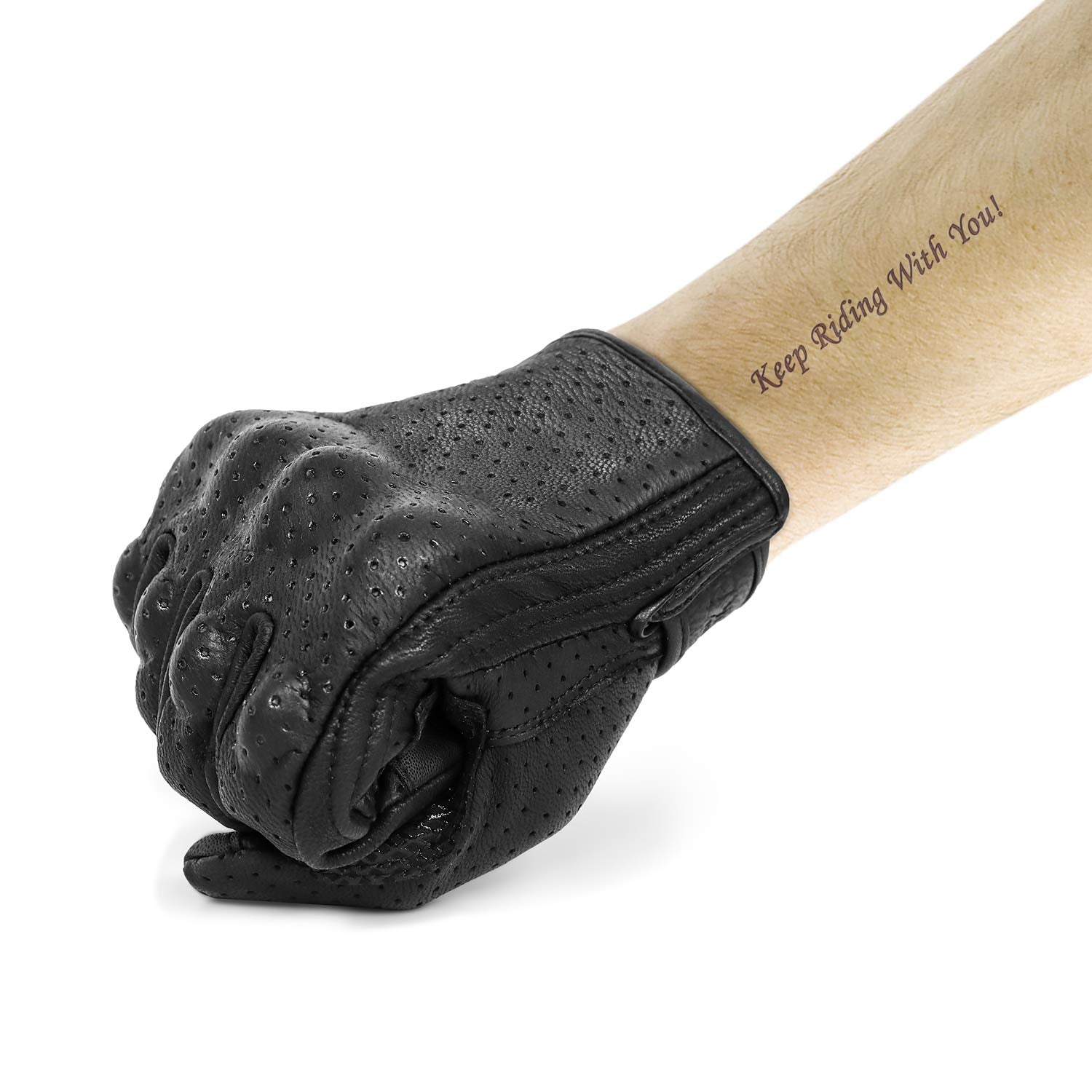 Updated Mens Motorcycle Gloves Goatskin Leather Anti-Slip Street Bike Gloves With Two Touchscreen Fingers (Updated,Perforated, M