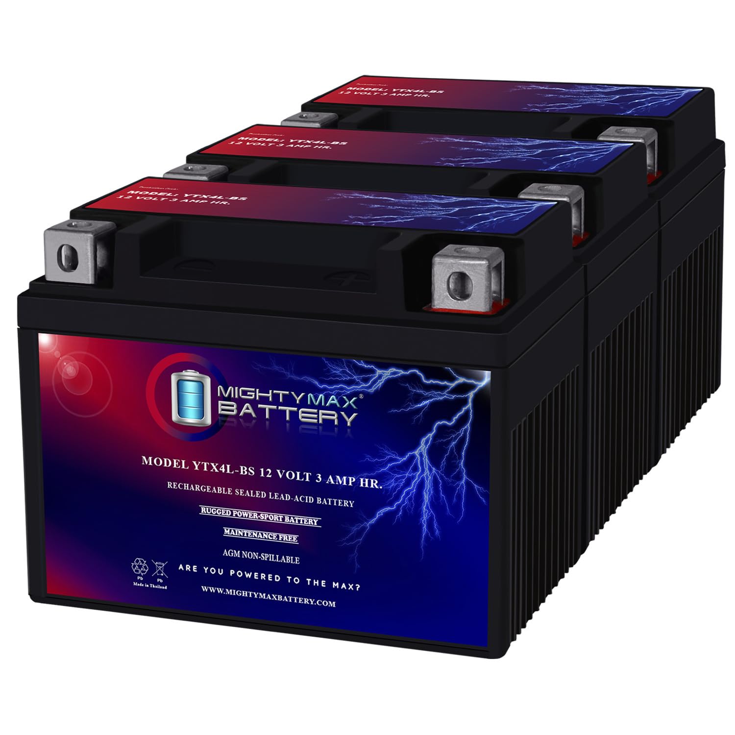 Ytx4L-Bs 12 Volt 3Ah Motorcycle Battery Replaces Ytx4L-Bs - 3 Pack