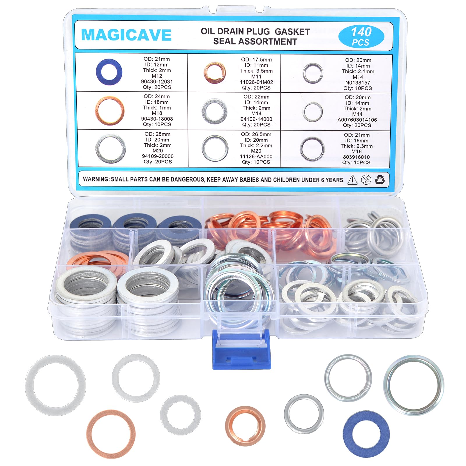 MAGICAVE 140PCS Premium Oil Drain Plug Gasket Assortment, Durable Oil Crush Washer Seals Kit, Compatible with Toyota, Honda, Sub