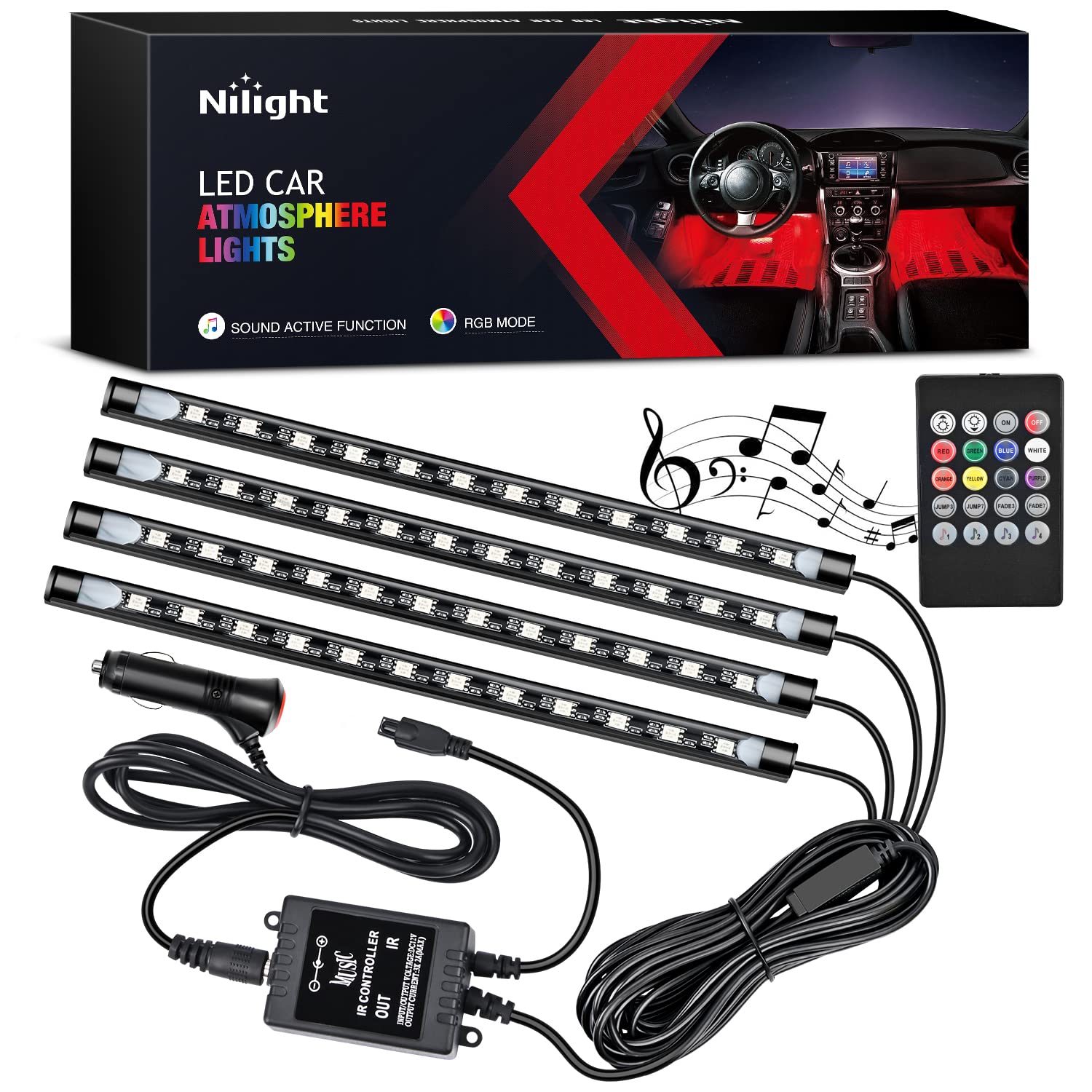 Nilight - Tr-06 4Pcs 48 Led Interior Lights Dc 12V Multicolor Music Car Strip Light Under Dash Lighting Kit With Sound Active Fu