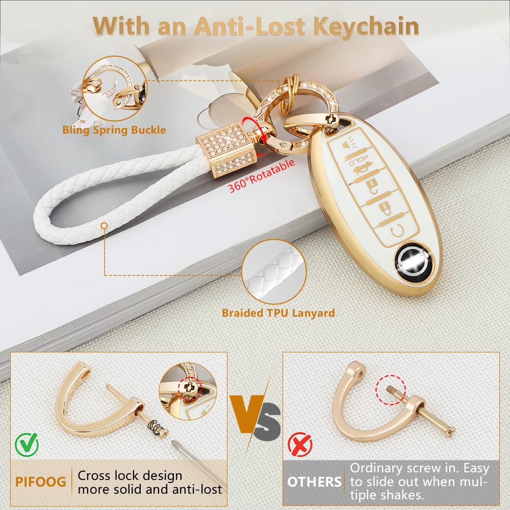 Pifoog Key Fob Cover For Nissan 5 Button Car Keys Case Shell Bling Keychain Accessories For Altima Rogue Pathfinder Sentra Maxim