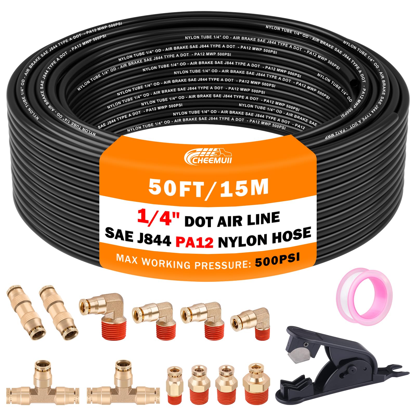 Cheemuii 12 Pcs 1/4 Brass Dot Air Fittings With 50 Ft 1/4'' Dot Air Line Kit 15 Meter Pneumatic Tubing With Dot Air Fittings For