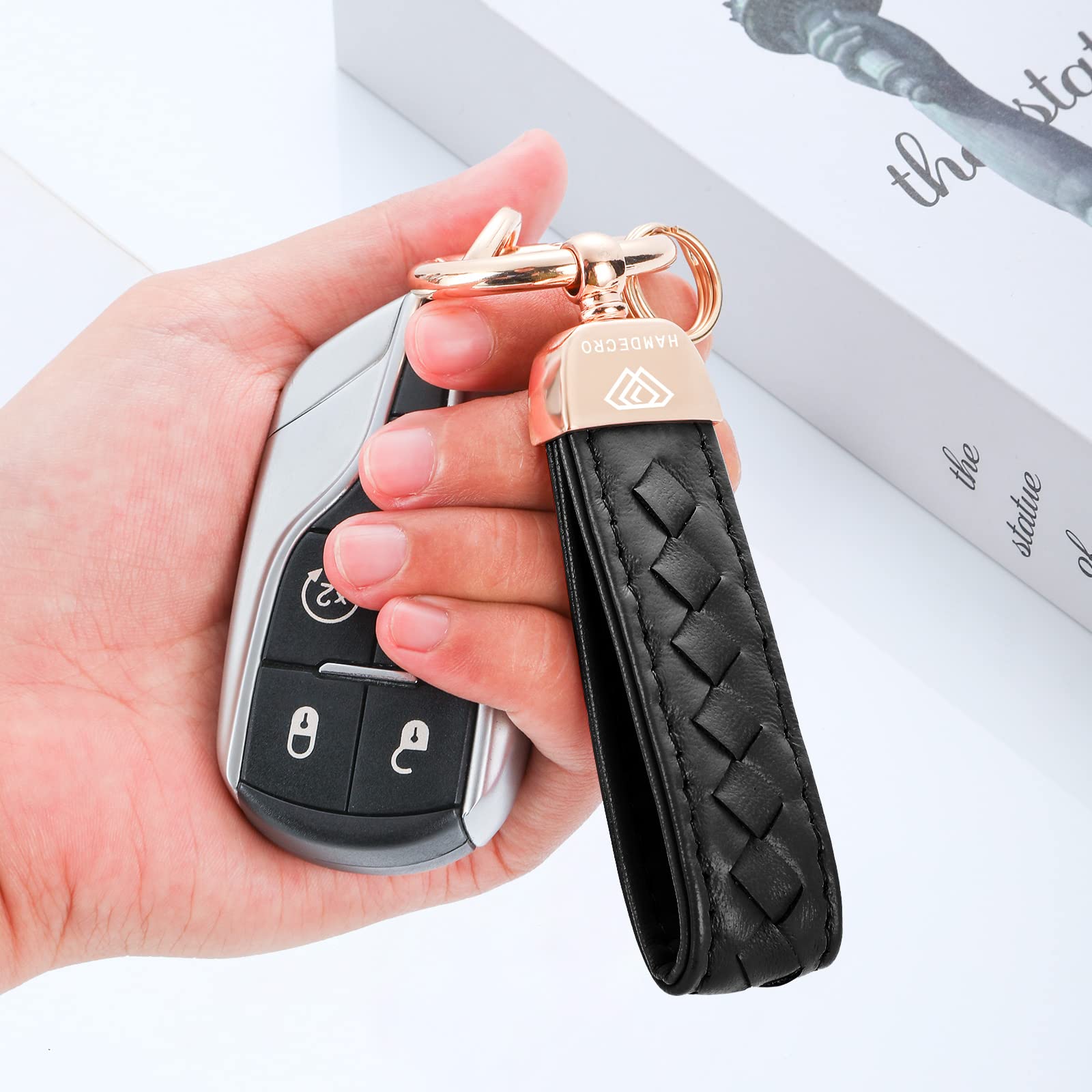 Hamdecro Black Genuine Leather Car Keychain, Handmade Sheepskin Key Fob Holder with 360° Rotatable D-Ring & 2 Keyrings, One Size