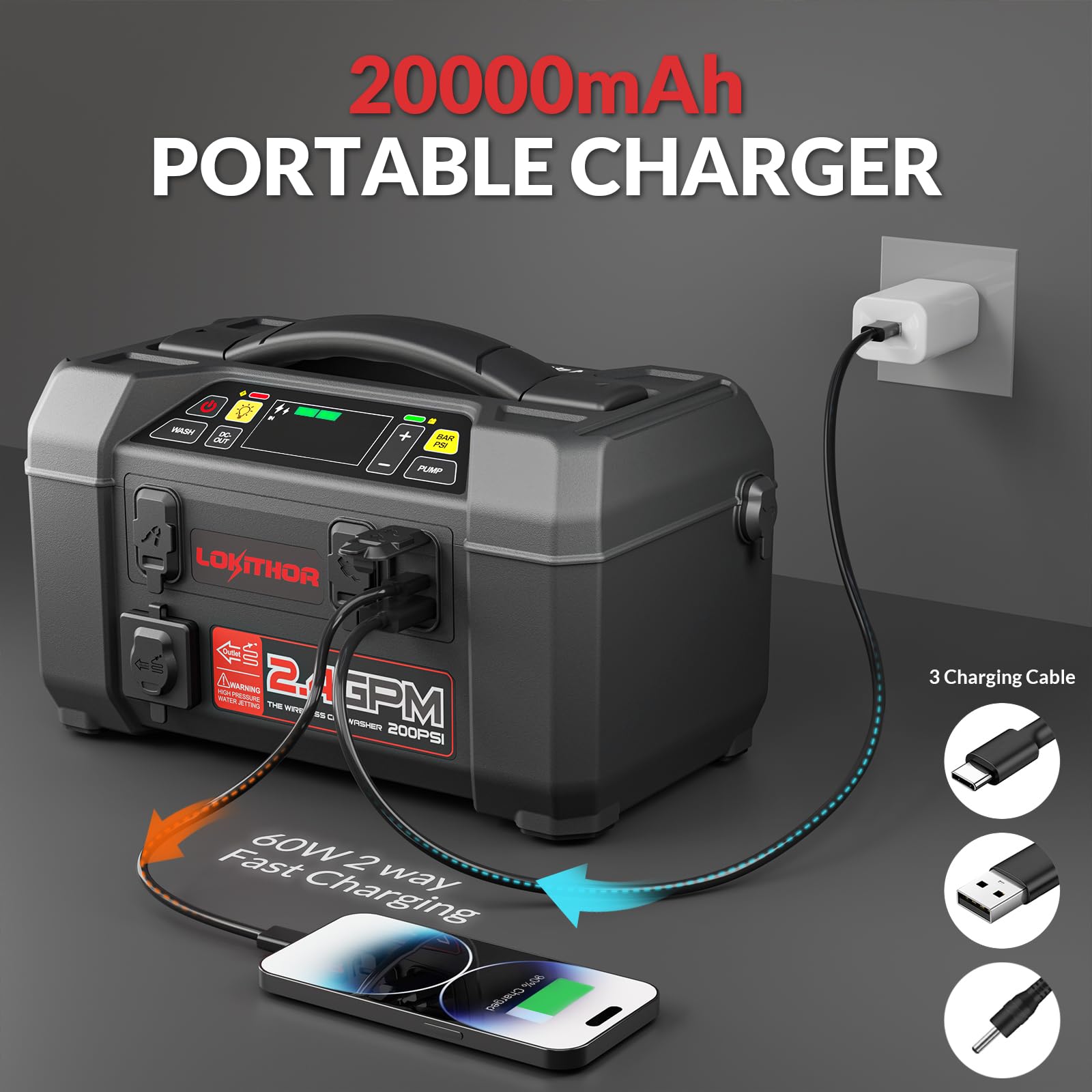 LOKITHOR AW401 2500A 12V Jump Starter for Up to 8.5L Gas or 6.5L Diesel, 1.5MPA Outdoor Camping Shower with Multi-use Sprayer, 2