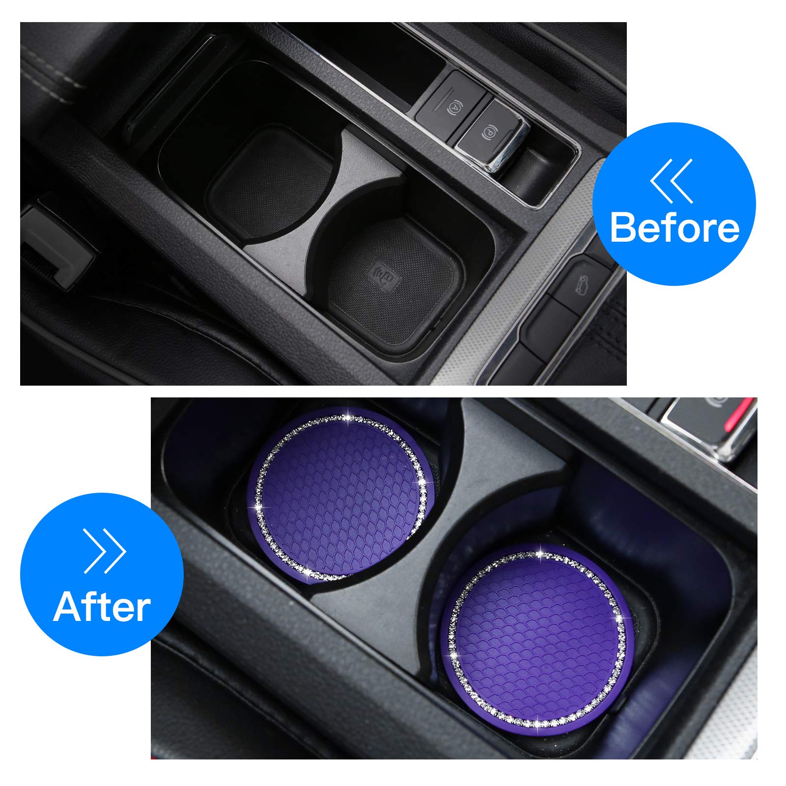 2 Pack Bling Car Cup Coasters Universal - 2.75 Inch Silicone Anti Slip Crystal Rhinestone Rubber Pad Set Round Auto Drink Coaste