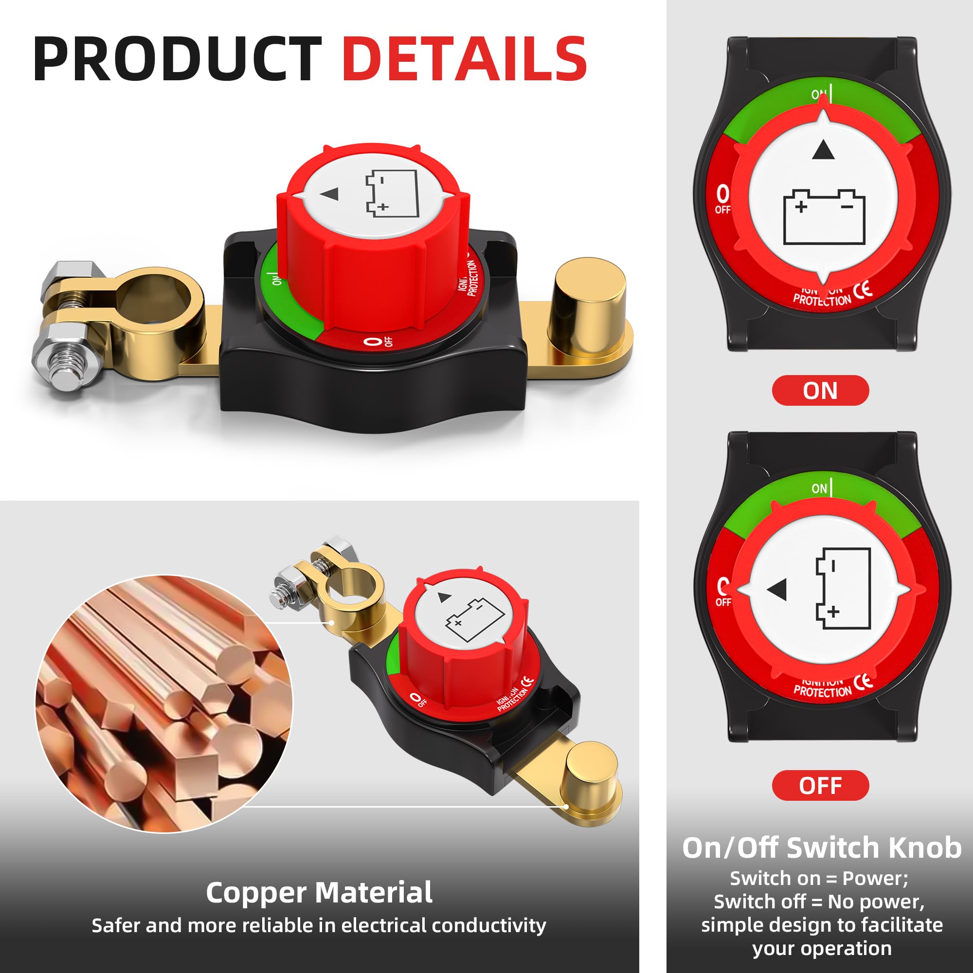 Joinfworld Top Post Battery Disconnect Switch 12V-48V Battery Kill Switch Negative On/Off Battery Switch For Cars, Vehicles, Rvs