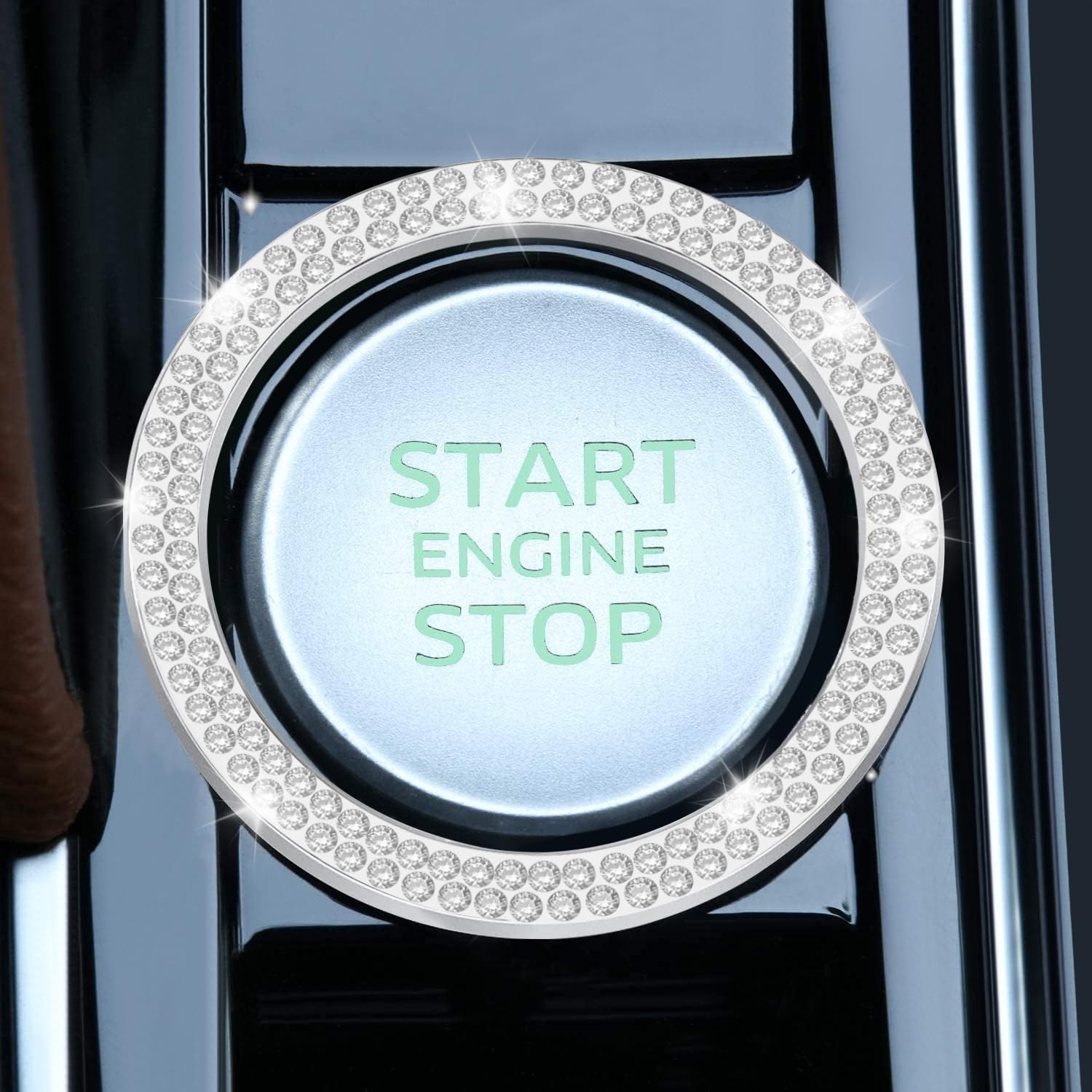 Livtee 2 Pcs Crystal Double Rhinestone Car Engine Start Stop Decoration Ring, Bling Car Interior Accessories For Women, Push To