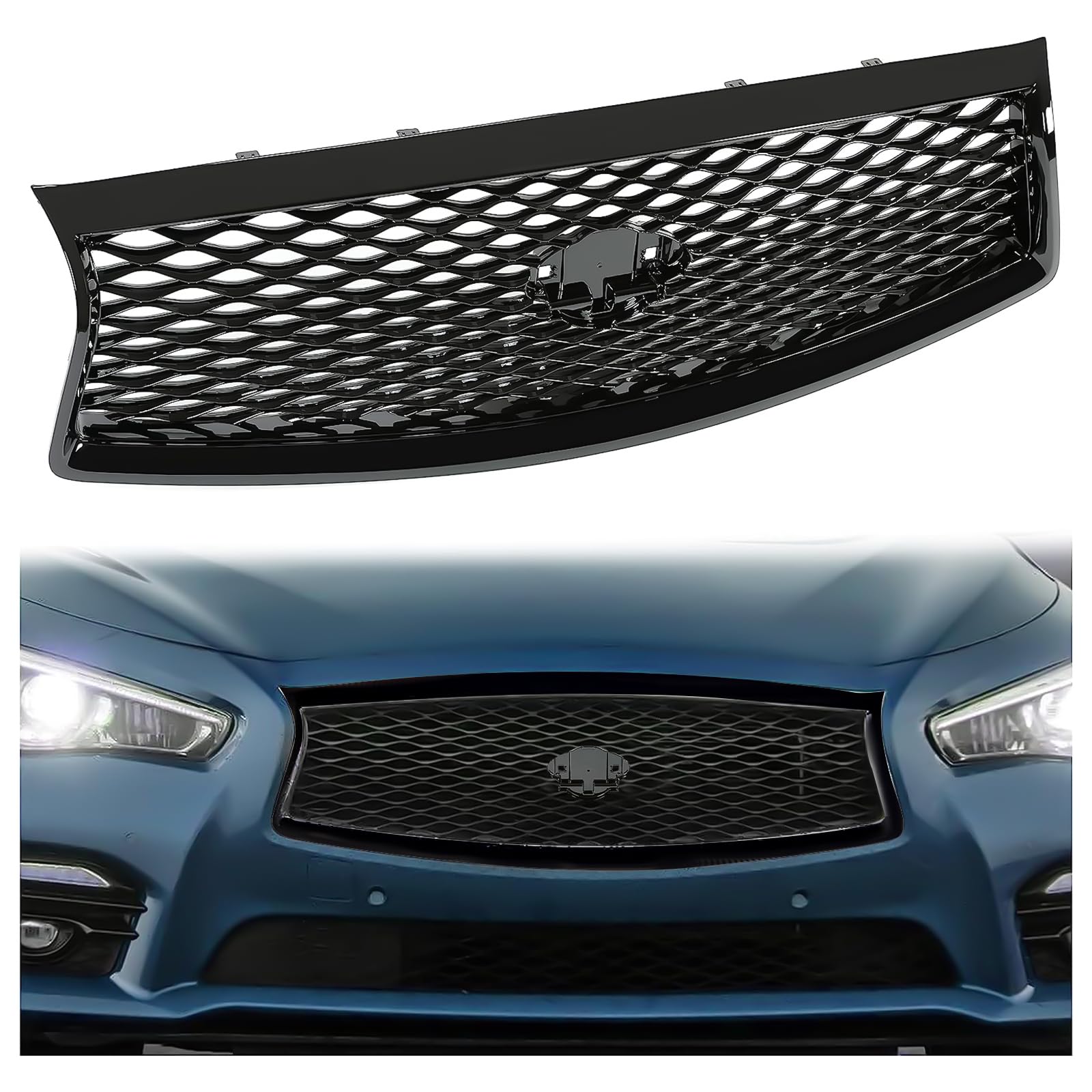 Kuafu Front Bumper Grill Compatible With 2014-2017 Infiniti Q50 All Models Center Grille Hood Mesh Conversion Kit Abs Plastic Black