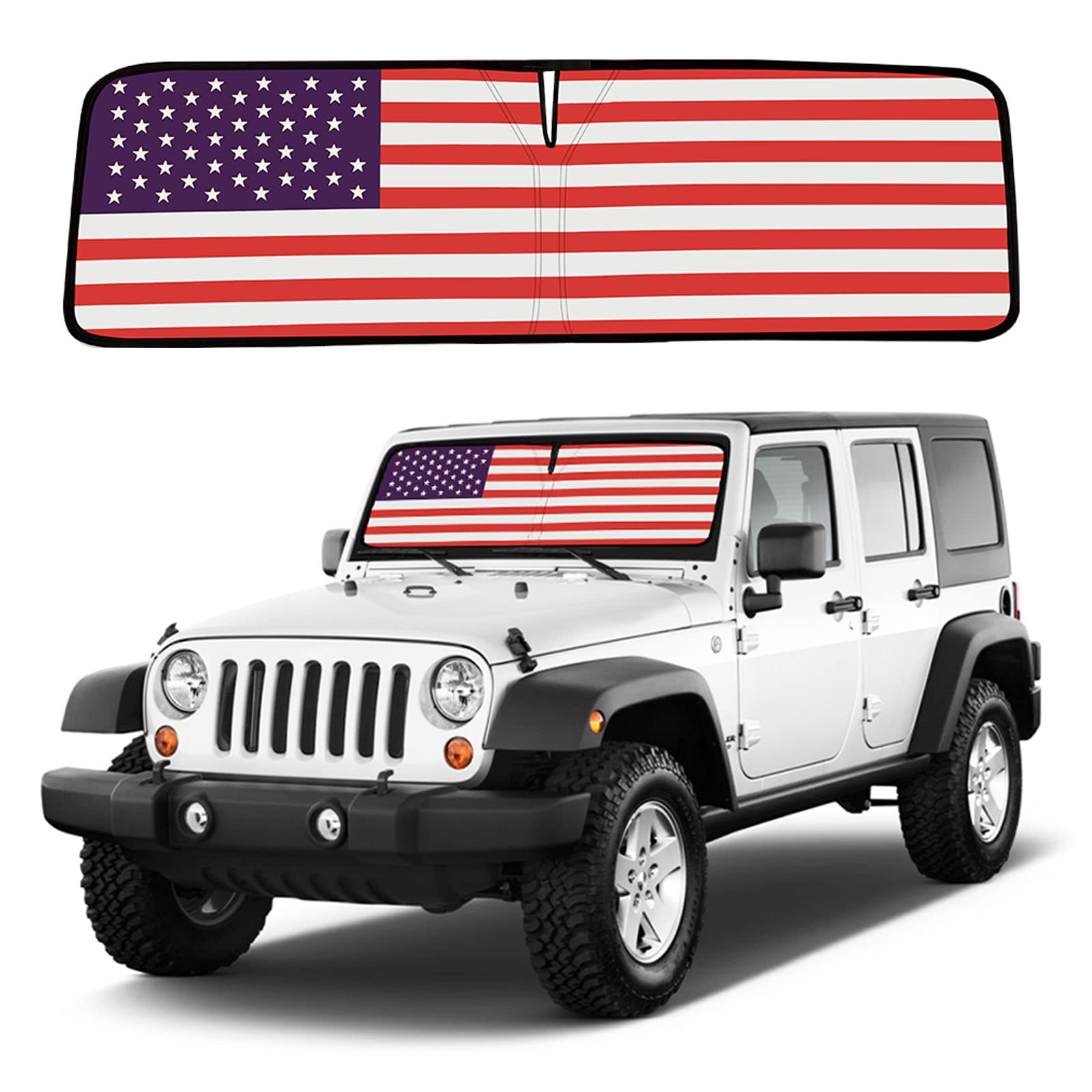 Moricere Upgrade Windshield Sun Shade With Usa Flag For Jeep Wrangler Tj Jk Jku 1997-2018, Foldable Windshield Sun Visor Blocks