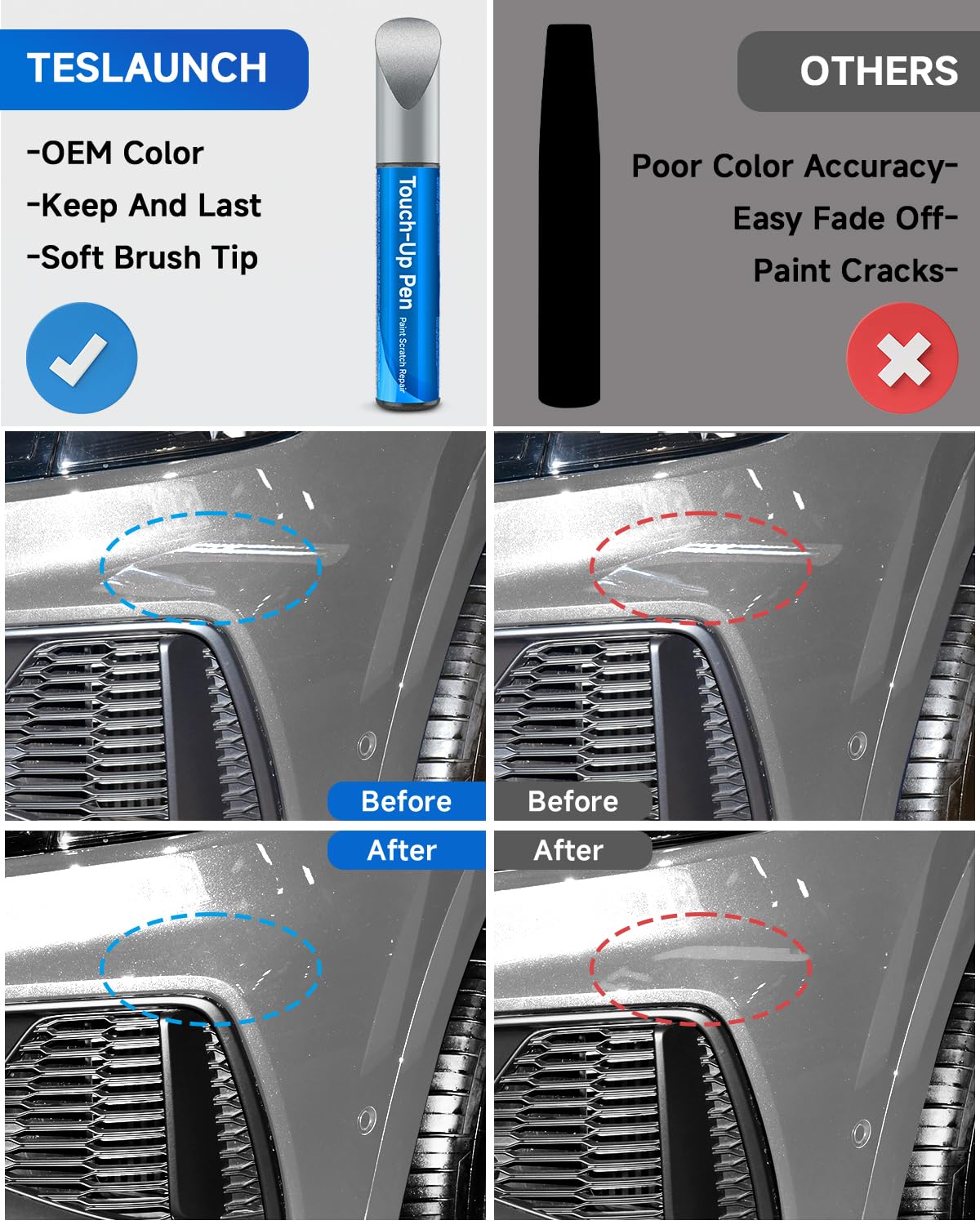 Teslaunch LX7W Ice Silver Metallic Touch Up Paint Compatible With Audi Exact Match Car Paint Pen Scratch Repair