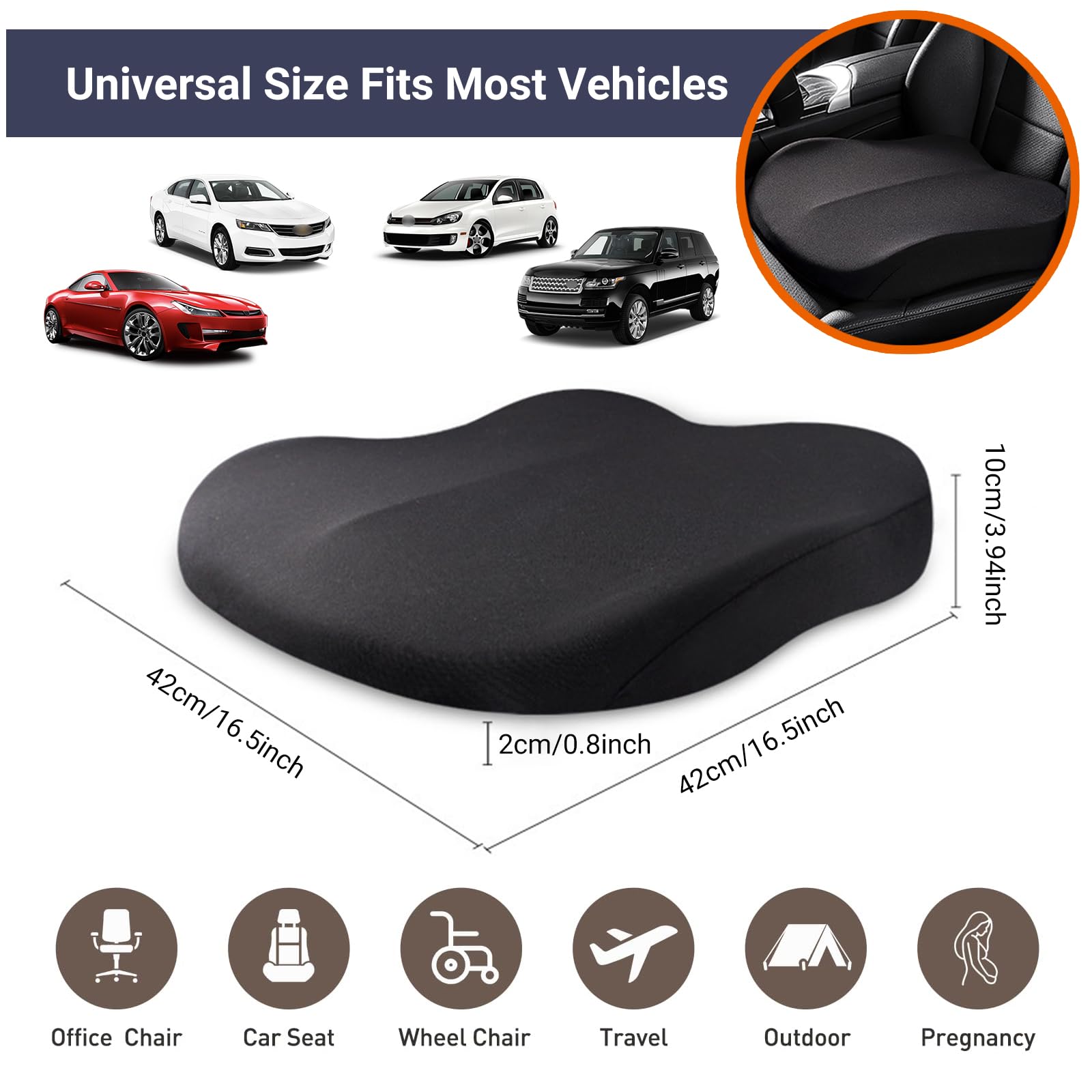 Adult Booster Car Seat Cushion, Wedge Memory Foam Pad For Driving Seat, Effectively Increase Height By 3.94 Inch, Car Travel Acc