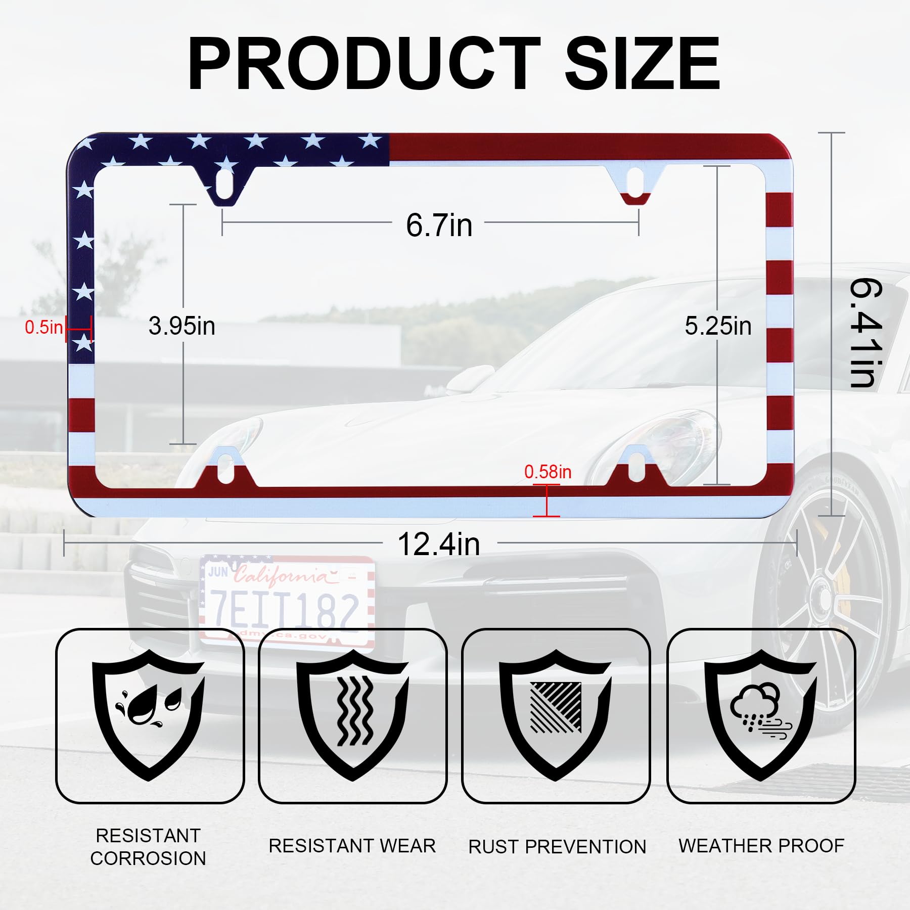 Livtee American Flag License Plate Frames, 4 Holes Stainless Steel License Plate Covers, 2Pcs License Plate Holder, Automotive E